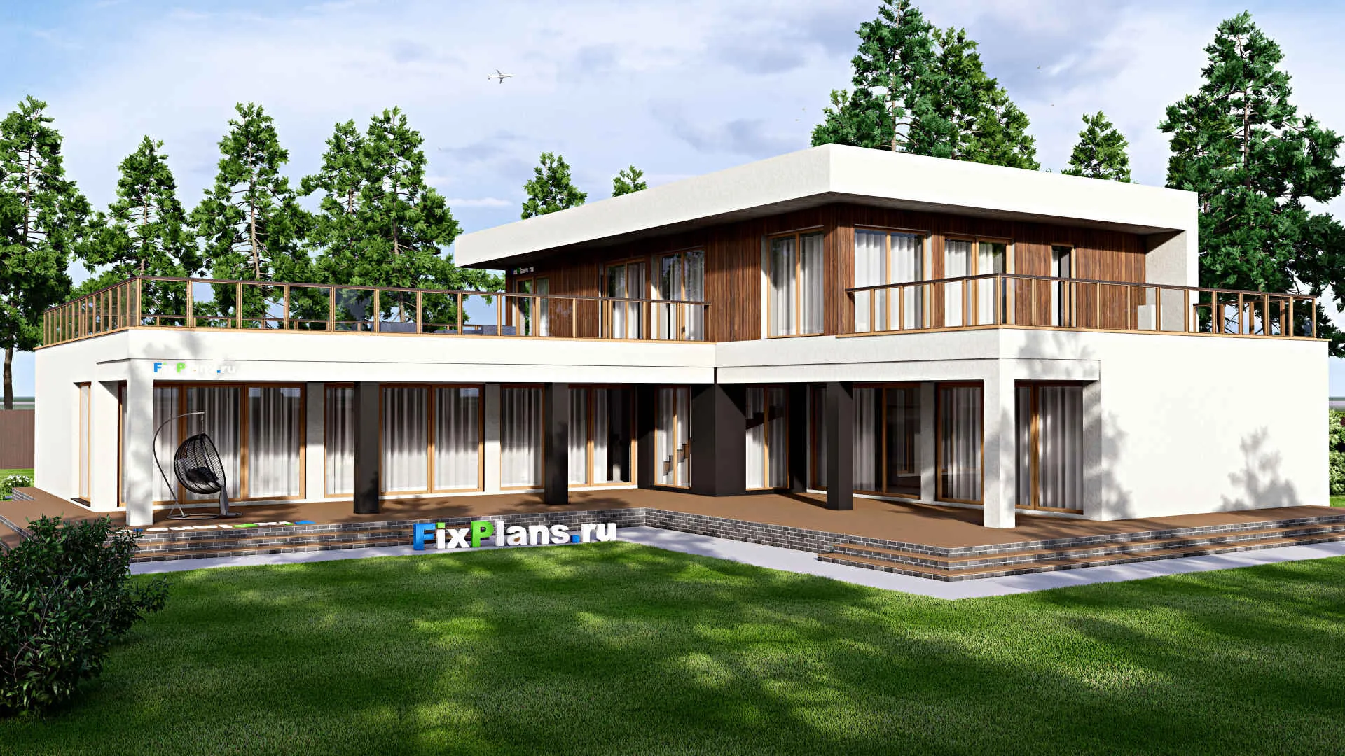 F-16028 - Проект двухэтажного дома 25 на 26, площадью 850 м² с террасой, балконом, гаражом на 2 машины и 5 спальнями