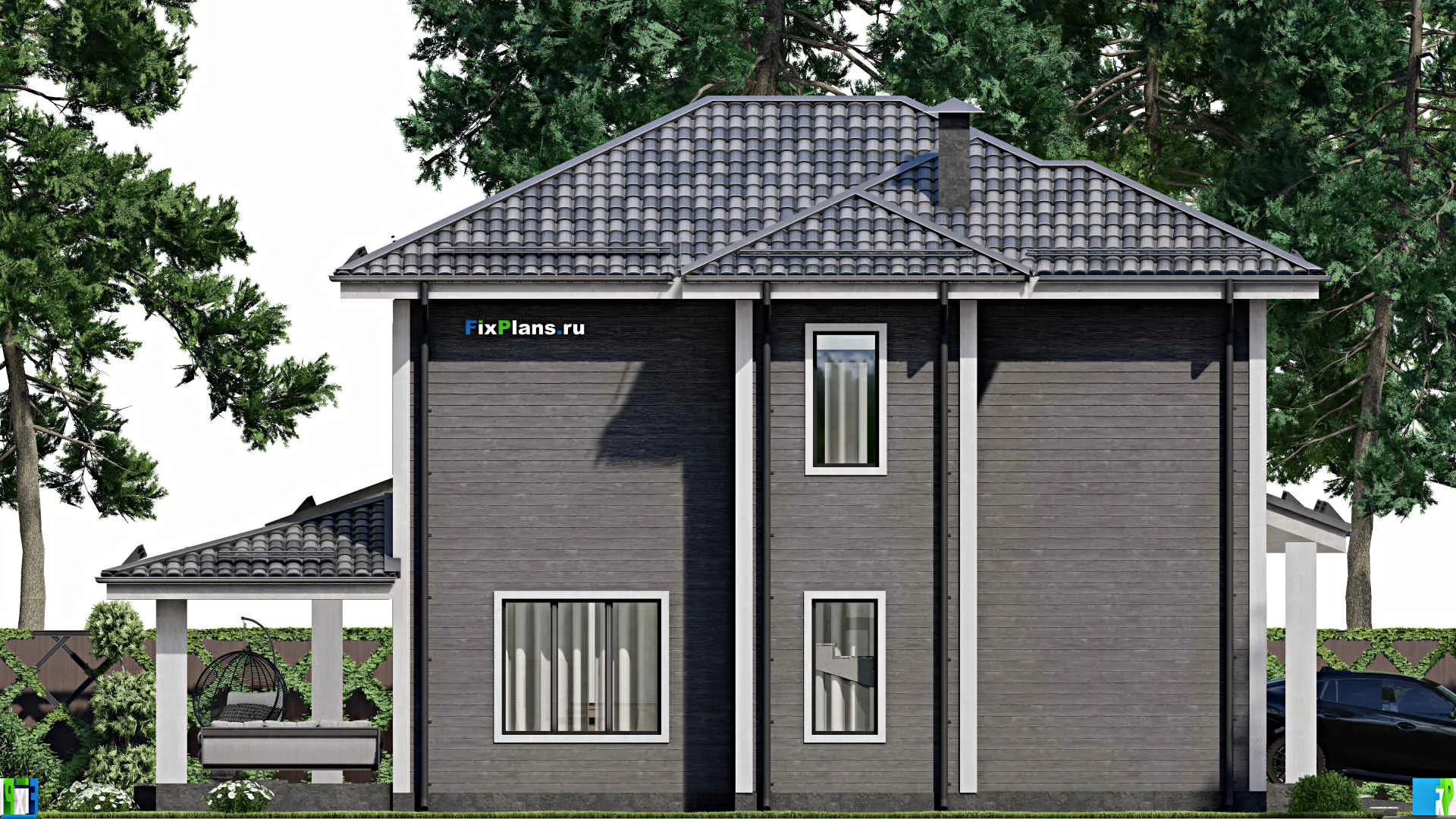 F-3563 - Планы двухэтажного дома 12 на 15, площадью 200 м² с террасой, гаражом на 1 машину и 5 спальнями