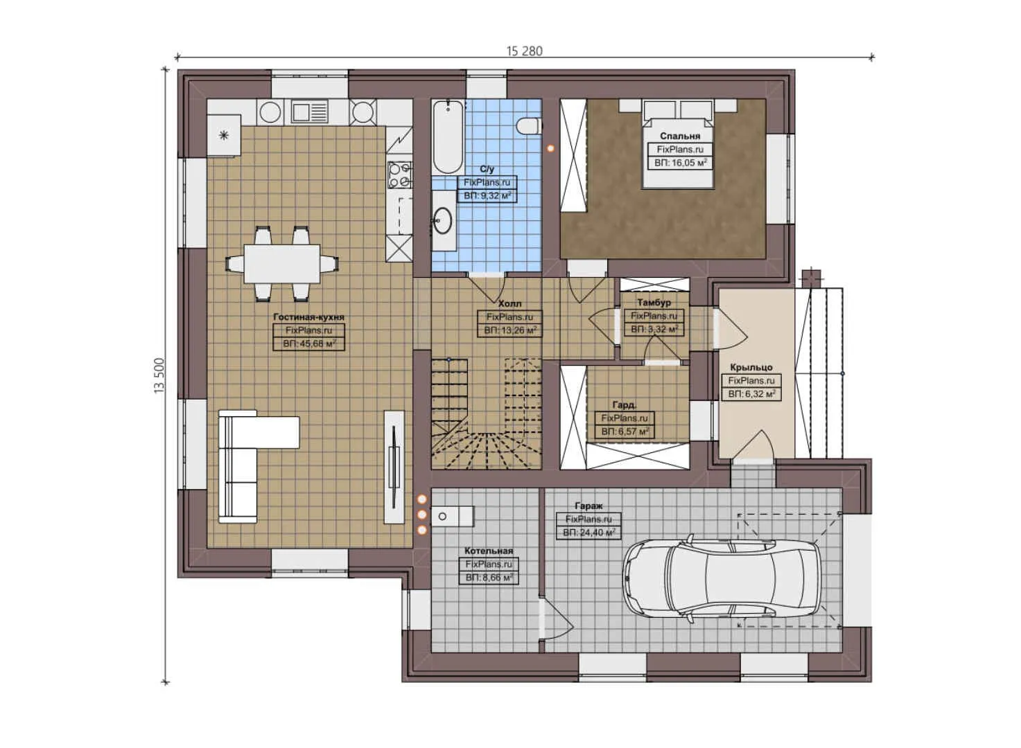 F-2114 - Планы двухэтажного дома 14 на 16, площадью 240 м² с балконом, гаражом на 1 машину и 4 спальнями