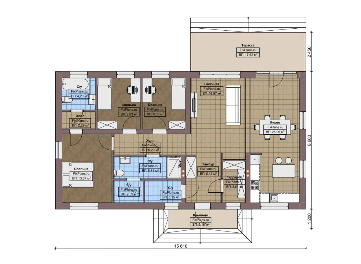 F-6038 - План одноэтажного дома 9 на 16, площадью 140 м² с террасой и 3 спальнями