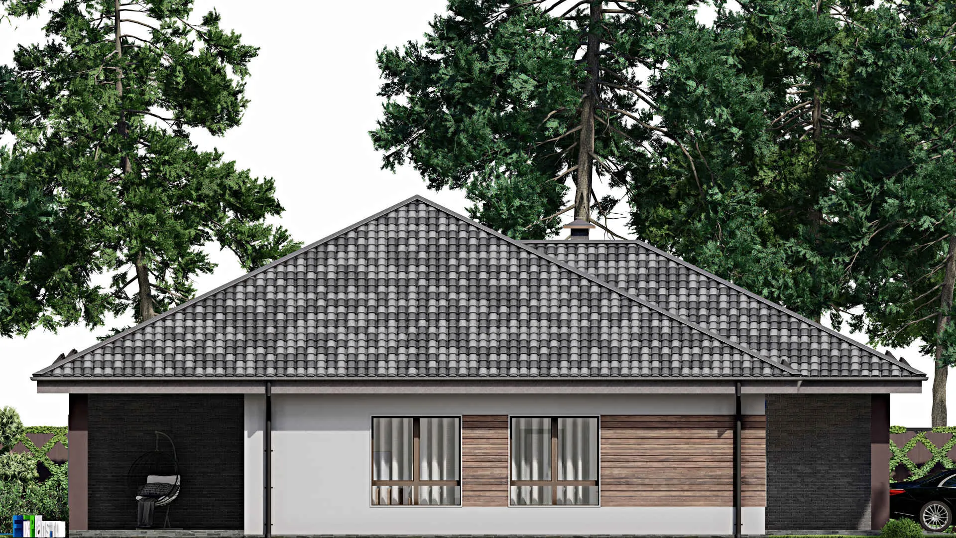 F-6344 - Проект одноэтажного дома 16 на 18, площадью 210 м² с террасой, гаражом на 2 машины и 3 спальнями