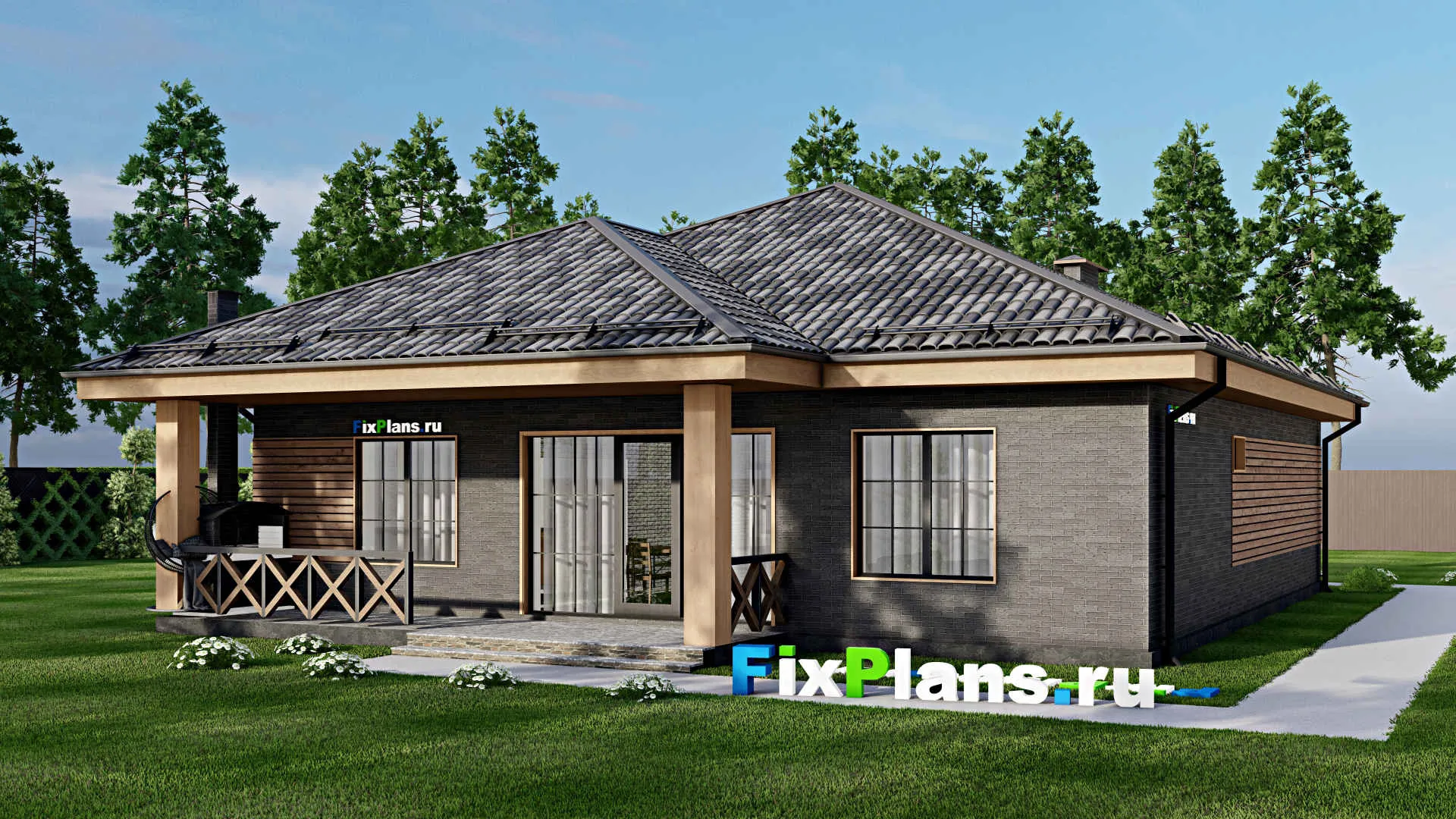 F-7829 - План одноэтажного дома 14 на 15, площадью 170 м² с террасой и 4 спальнями