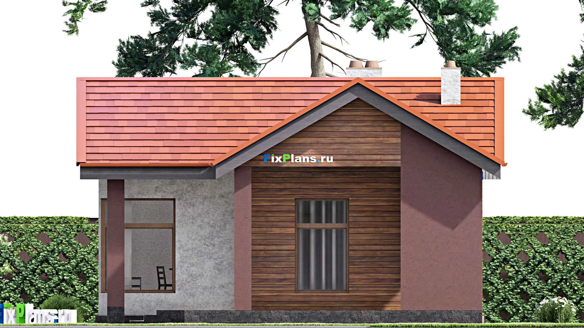 F-14966 - Проект бани 9 на 10, площадью 60 м² с комнатой отдыха, терассой и санузлом