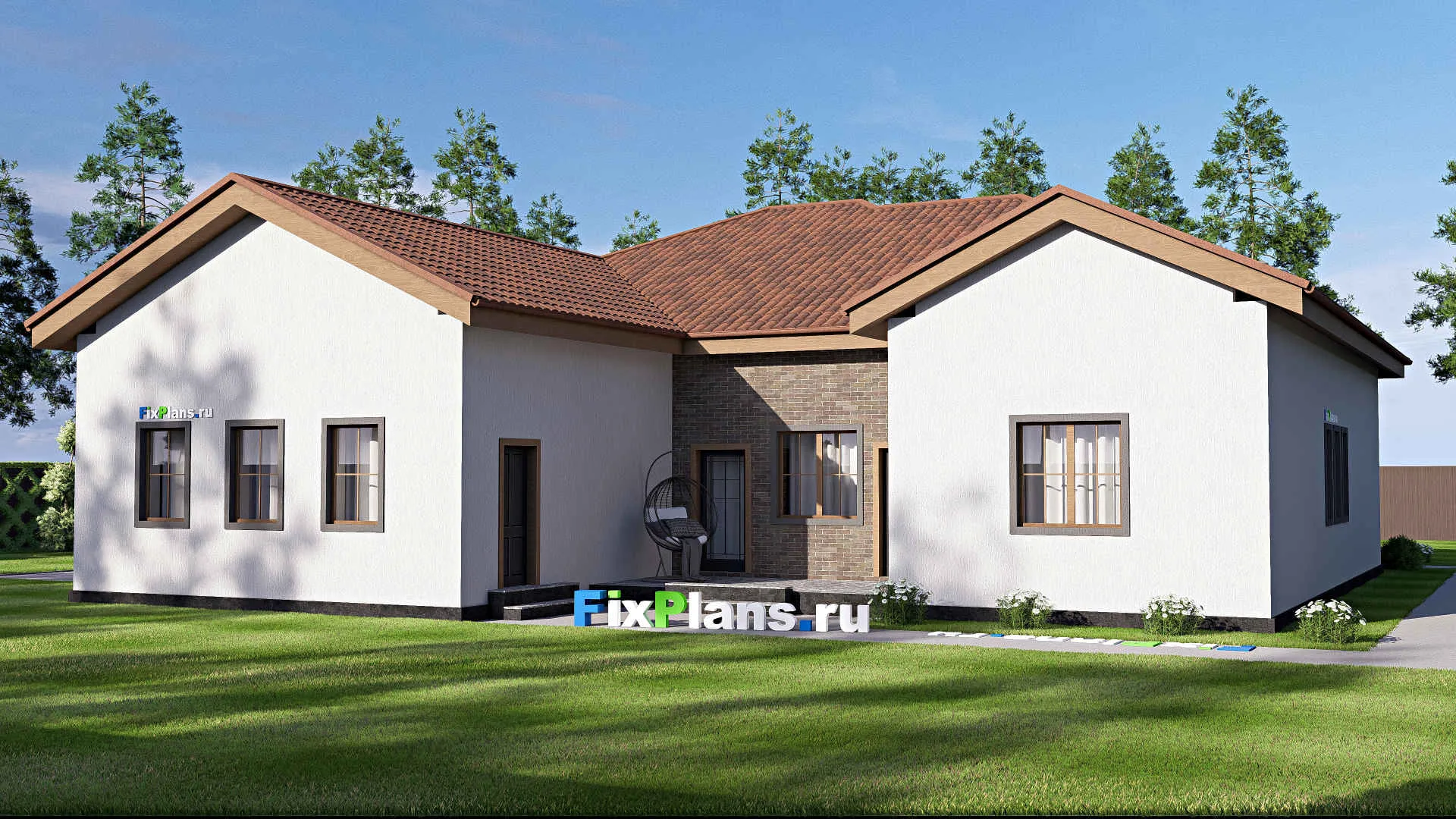 F-19871 - Проект одноэтажного дома 18 на 20, площадью 250 м² с террасой, гаражом на 2 машины и 3 спальнями