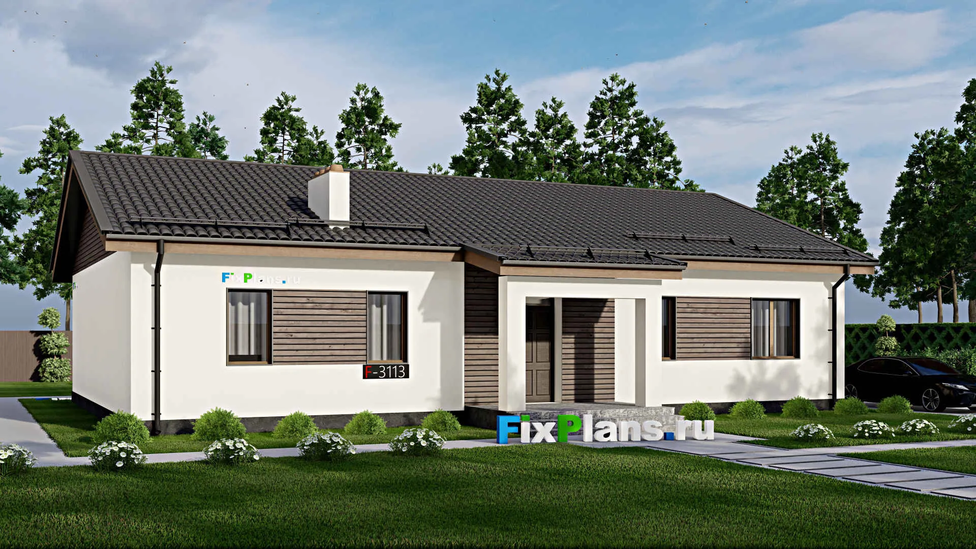 F-3113 - Проект одноэтажного дома 13 на 18, площадью 190 м² с террасой и 4 спальнями