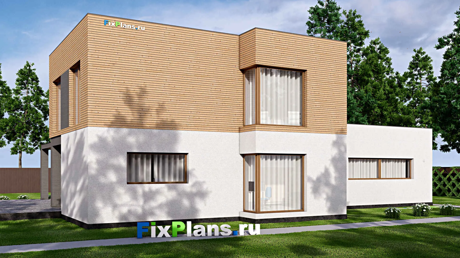 F-16658 - Проект двухэтажного дома 17 на 24, площадью 340 м² с террасой, гаражом на 2 машины и 3 спальнями