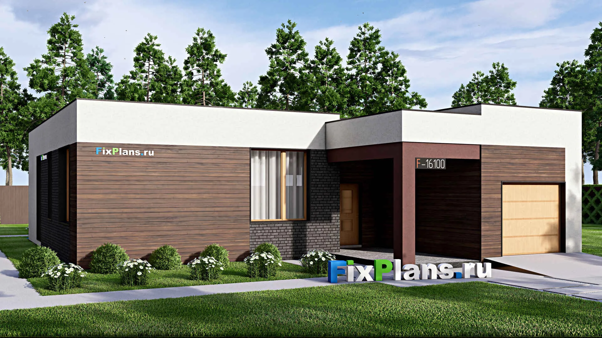 F-16100 - Проект одноэтажного дома 15 на 18, площадью 170 м² с террасой, гаражом на 1 машину и 3 спальнями