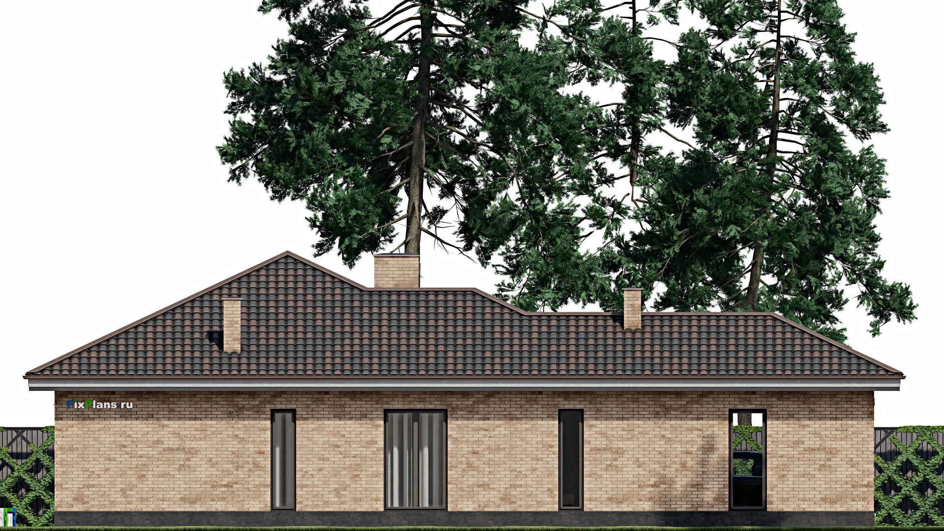 F-1448 - Проект одноэтажного дома 14 на 20, площадью 170 м² с террасой, гаражом на 1 машину и 3 спальнями