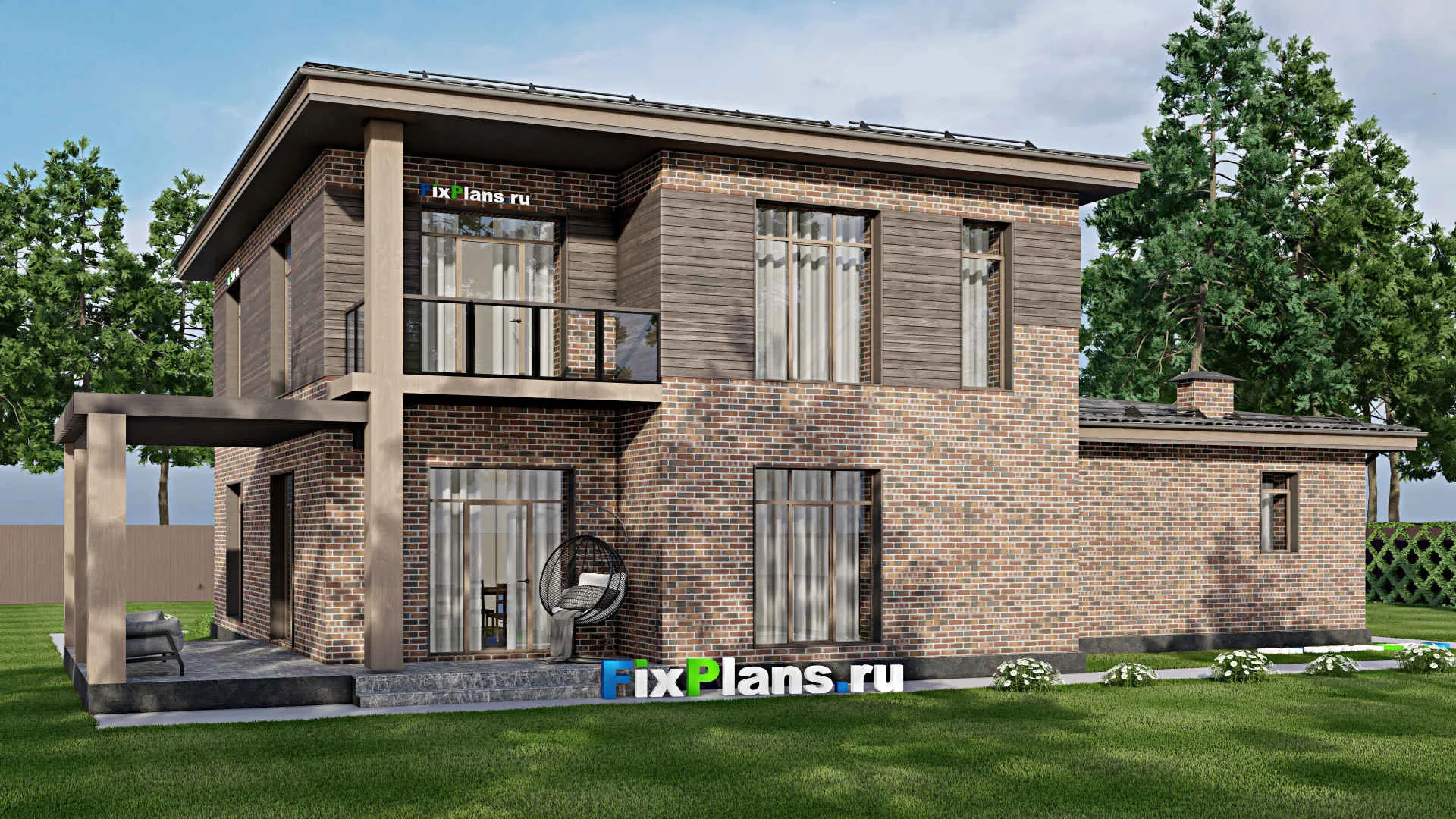 F-6785 - Проект двухэтажного дома 15 на 23, площадью 330 м² с террасой, балконом, гаражом на 2 машины и 4 спальнями