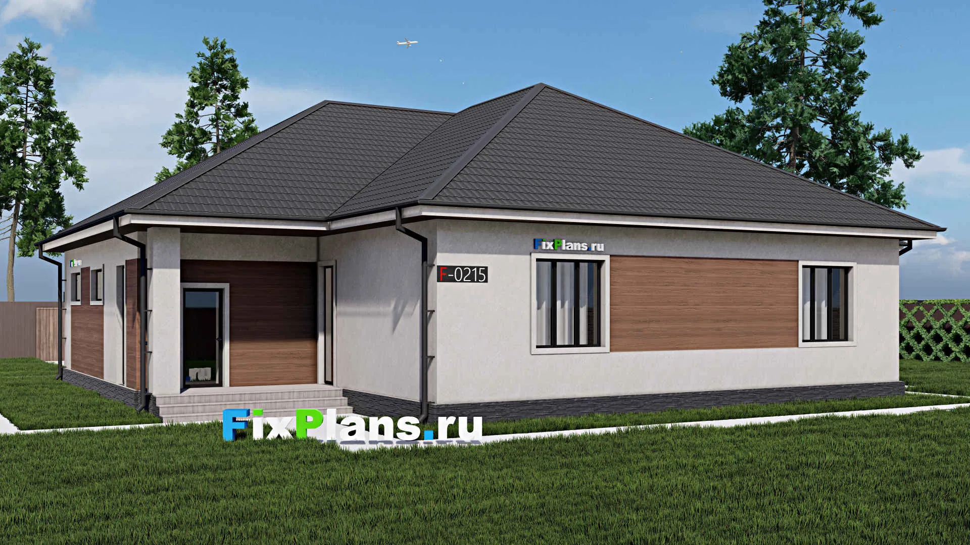 F-0215i - Проект одноэтажного дома 18 на 20, площадью 230 м² с террасой, гаражом на 2 машины и 3 спальнями