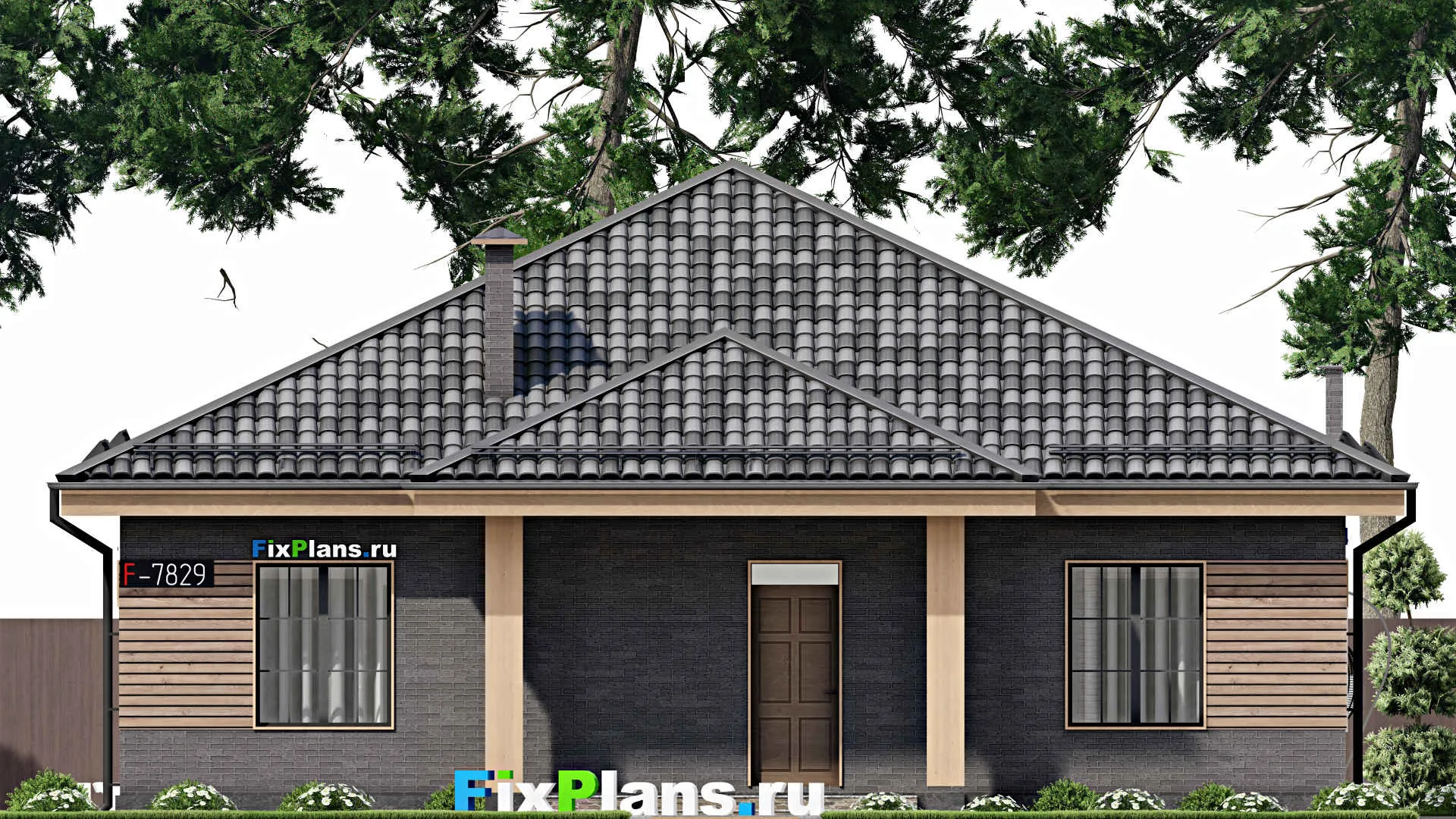 F-7829 - План одноэтажного дома 14 на 15, площадью 170 м² с террасой и 4 спальнями