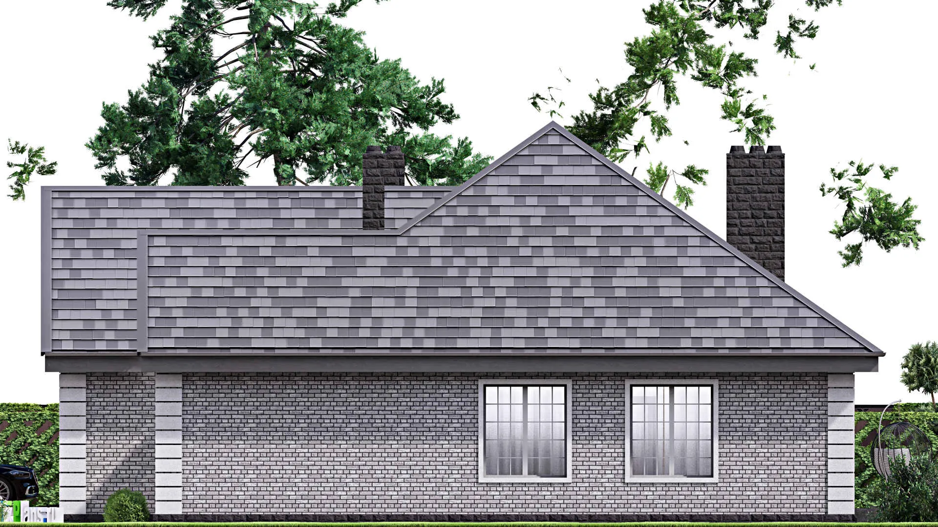 F-16730 - Проект одноэтажного дома 18 на 19, площадью 210 м² с террасой, гаражом на 2 машины и 4 спальнями