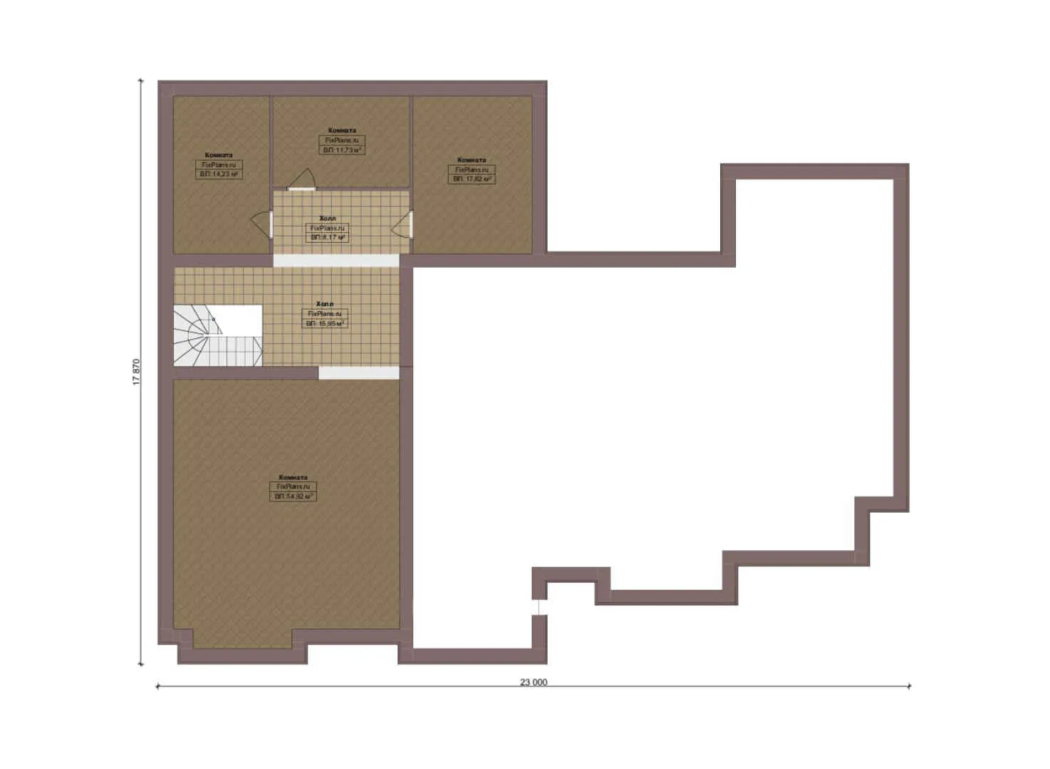 F-16901 - План одноэтажного дома 19 на 23, площадью 450 м² с террасой, гаражом на 2 машины и 4 спальнями