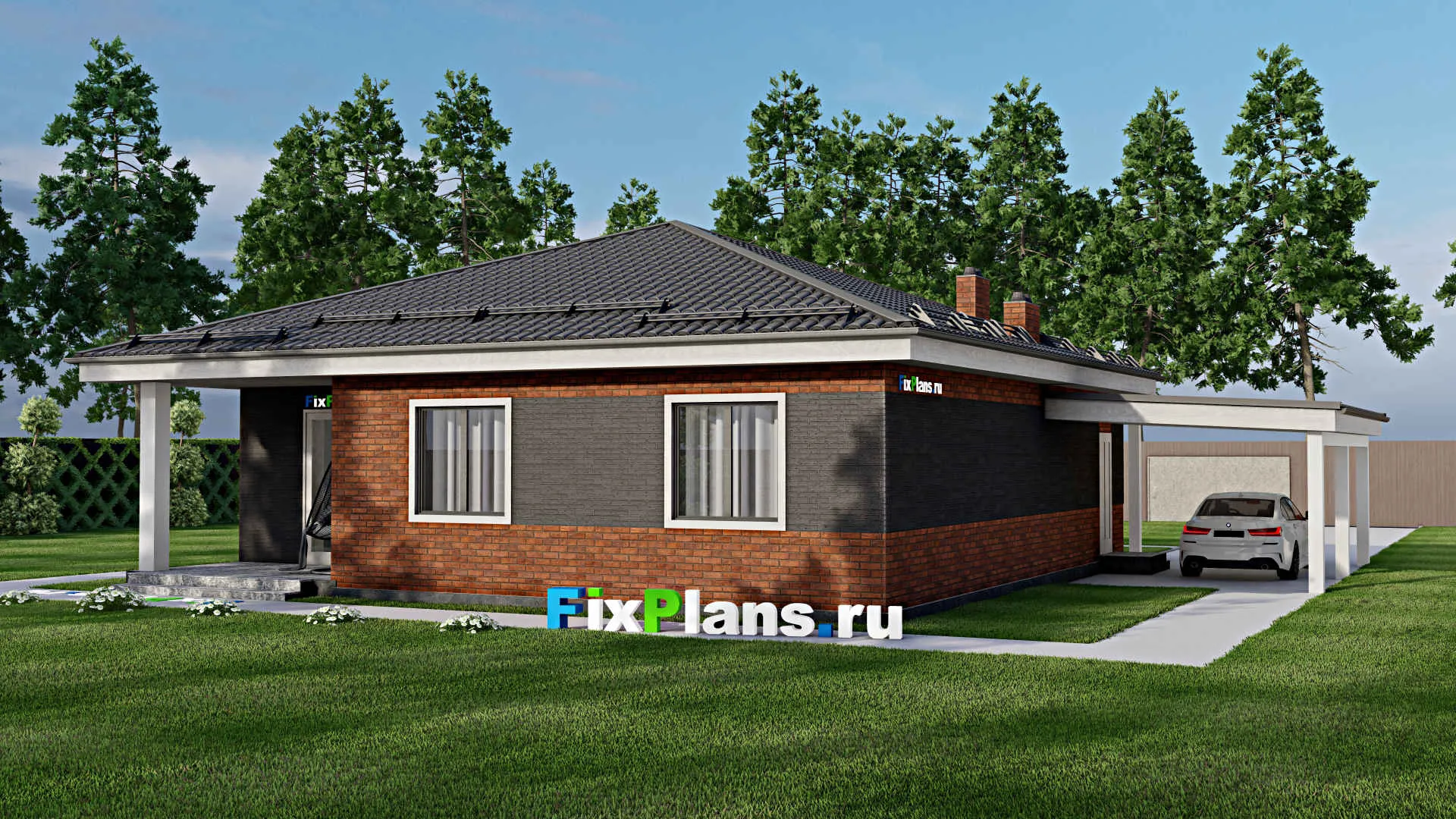 F-3509 - Проект одноэтажного дома 12 на 12, площадью 150 м² с террасой, баней и 2 спальнями