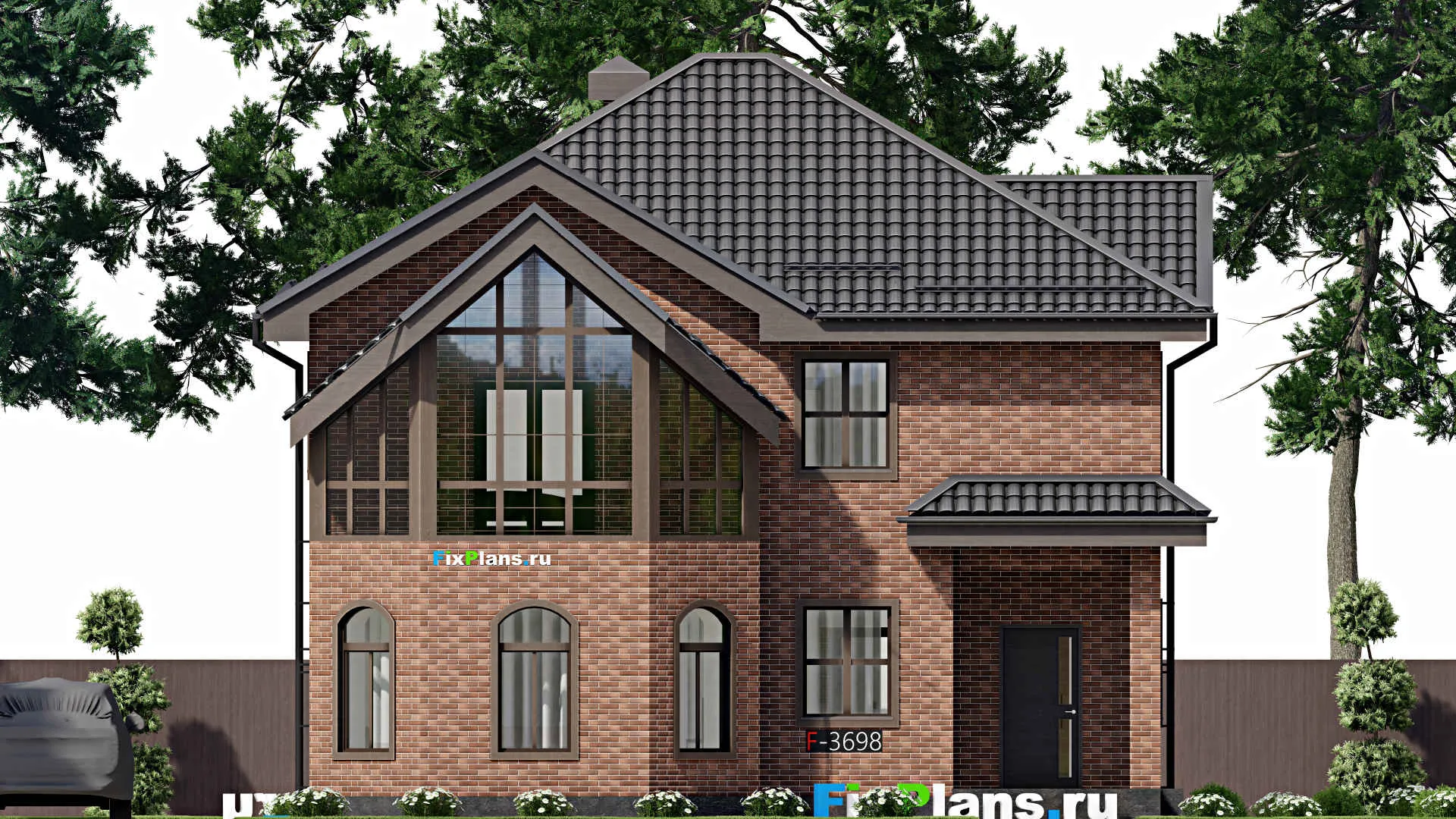 F-3698 - Проект двухэтажного дома 12 на 13, площадью 180 м² с балконом, цокольным этажом и 3 спальнями