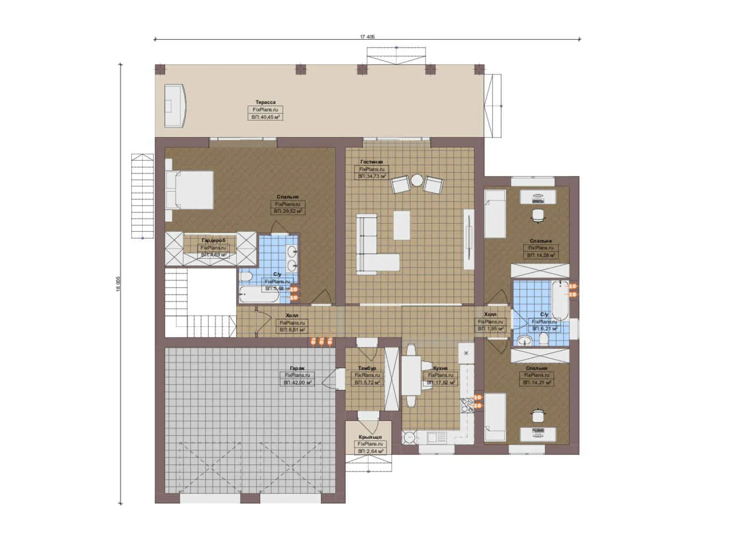 F-12905 - План одноэтажного дома 18 на 18, площадью 290 м² с террасой, цокольным этажом, гаражом на 2 машины и 3 спальнями