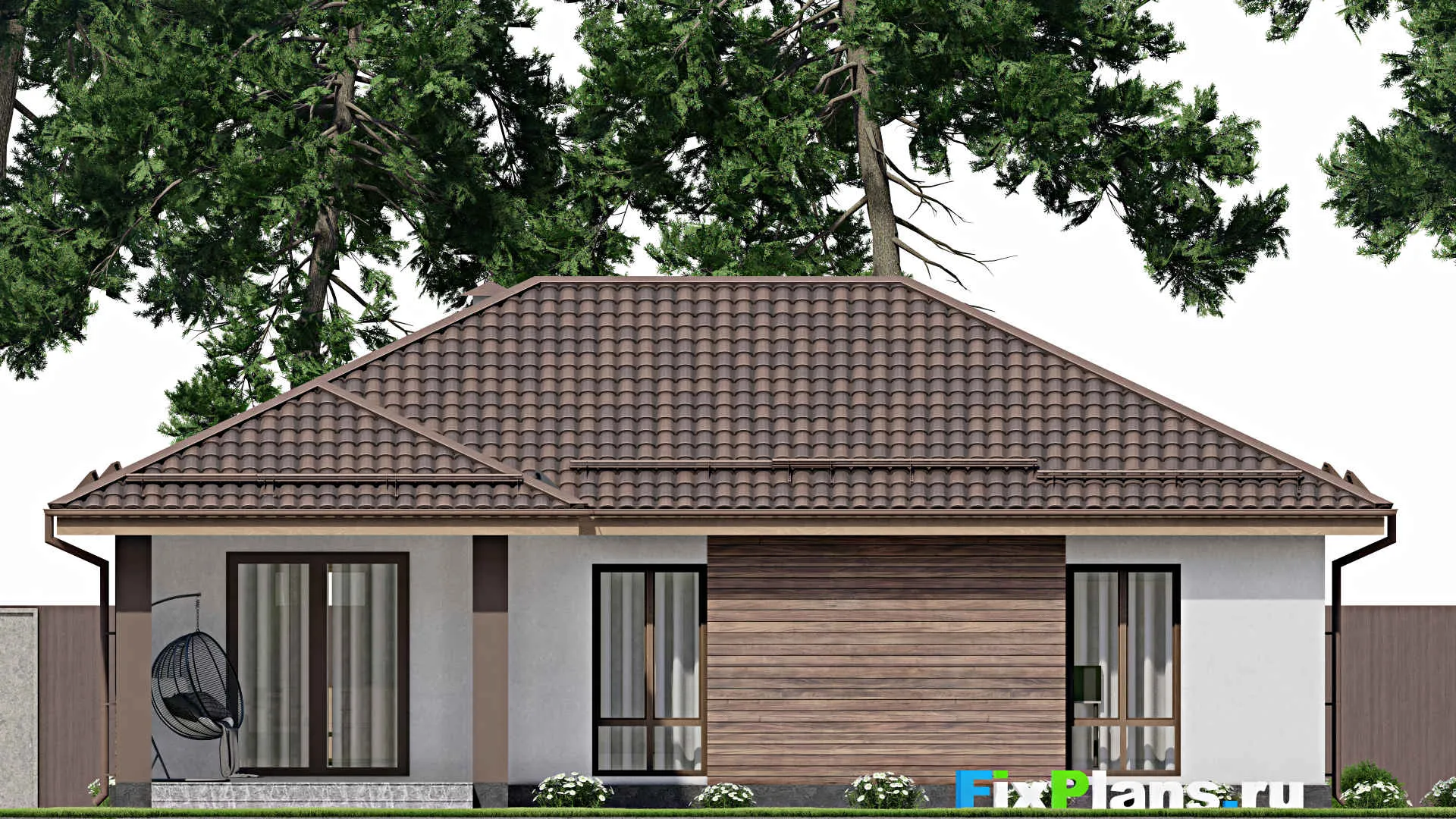 F-10799 - Проект одноэтажного дома 13 на 14, площадью 120 м² с террасой и 3 спальнями