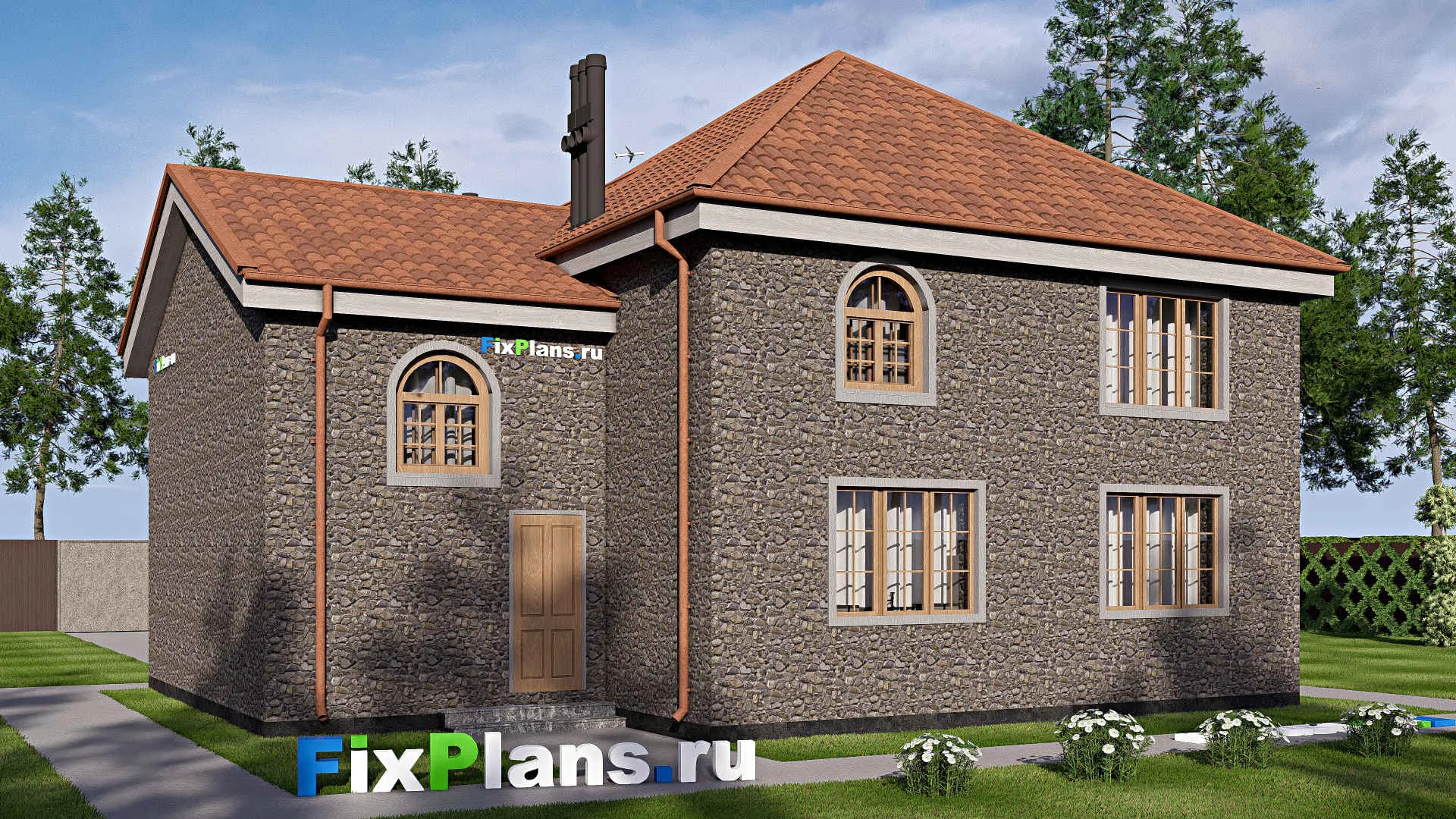 F-20186 - Планы двухэтажного дома 13 на 13, площадью 190 м² с гаражом на 1 машину и 3 спальнями