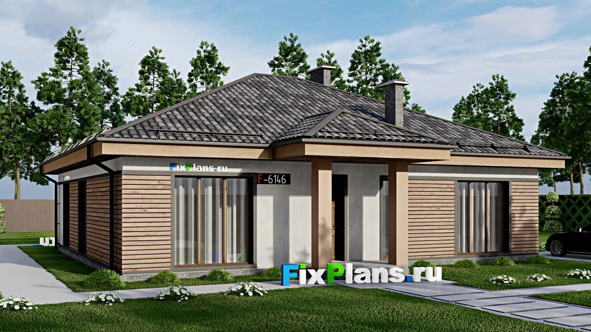 F-6146 - Проект одноэтажного дома 14 на 14, площадью 140 м² с 3 спальнями