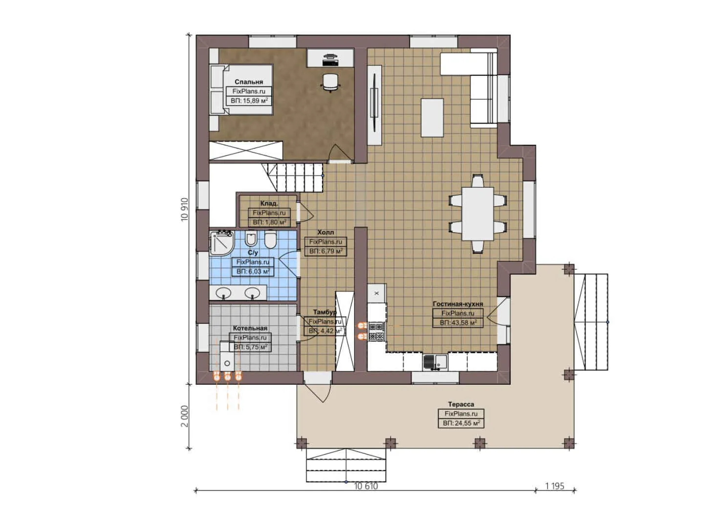 F-4517 - Планы двухэтажного дома 11 на 11, площадью 200 м² с террасой и 4 спальнями