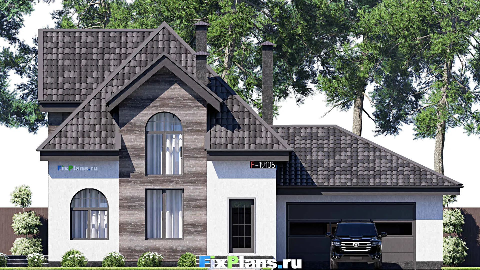 F-19106 - Проект дома с мансардой 14 на 19, площадью 190 м² с террасой, гаражом на 1 машину и 2 спальнями