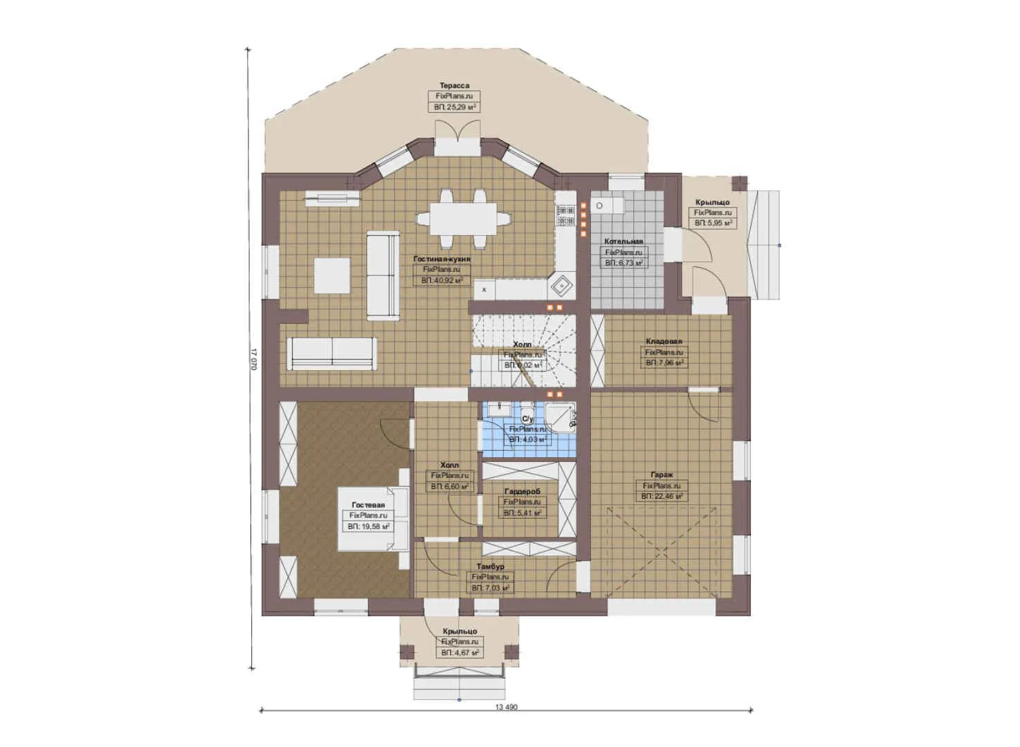 F-12716 - Планы двухэтажного дома 14 на 18, площадью 300 м² с террасой, балконом, гаражом на 1 машину и 3 спальнями