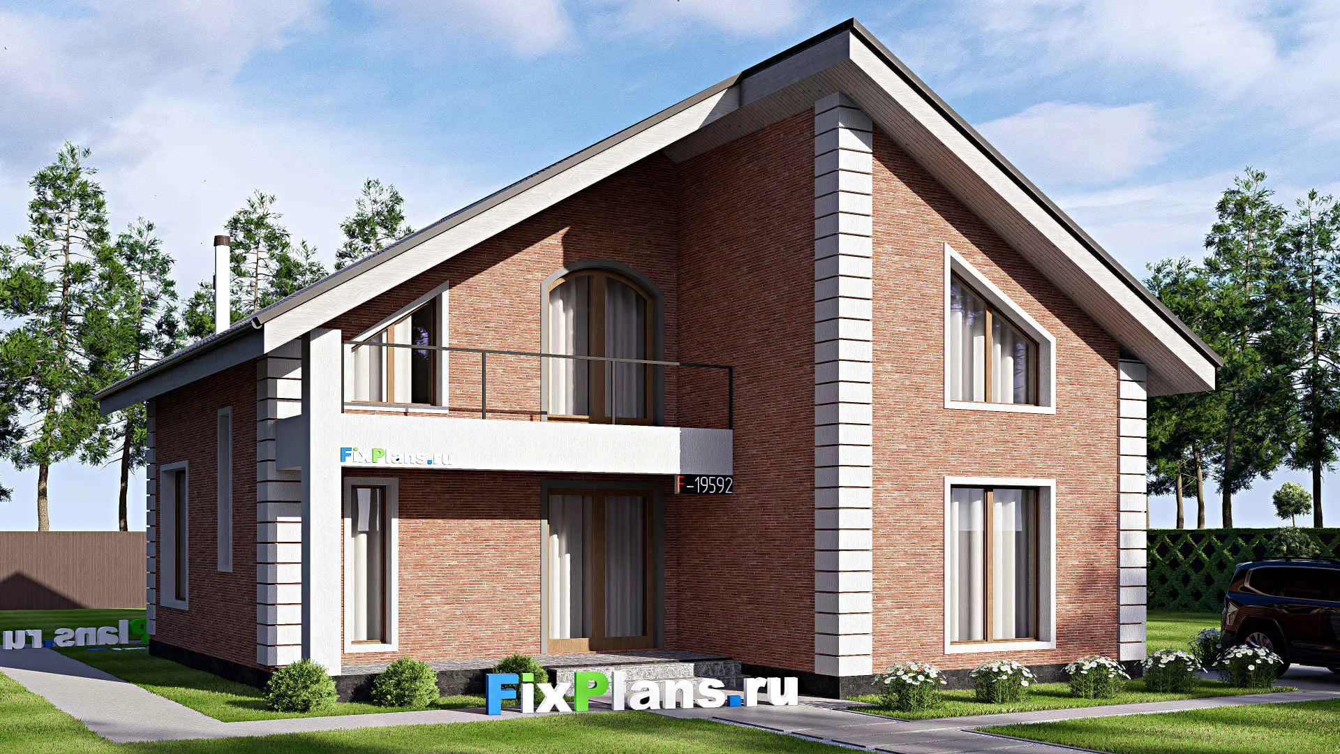 F-19592 - Проект дома с мансардой 13 на 13, площадью 200 м² с балконом и 3 спальнями