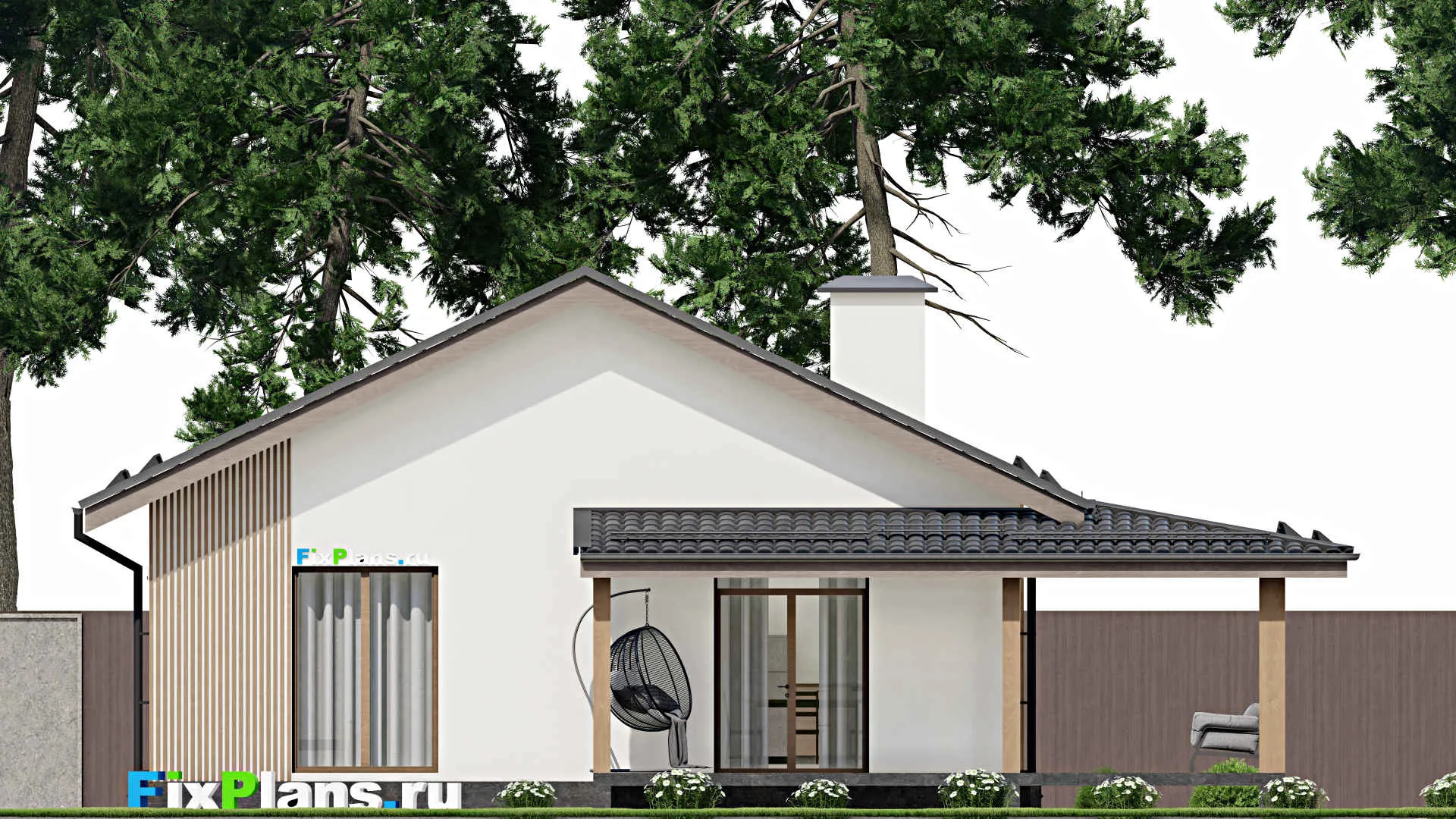 F-3860 - Проект одноэтажного дома 11 на 11, площадью 120 м² с террасой и 3 спальнями