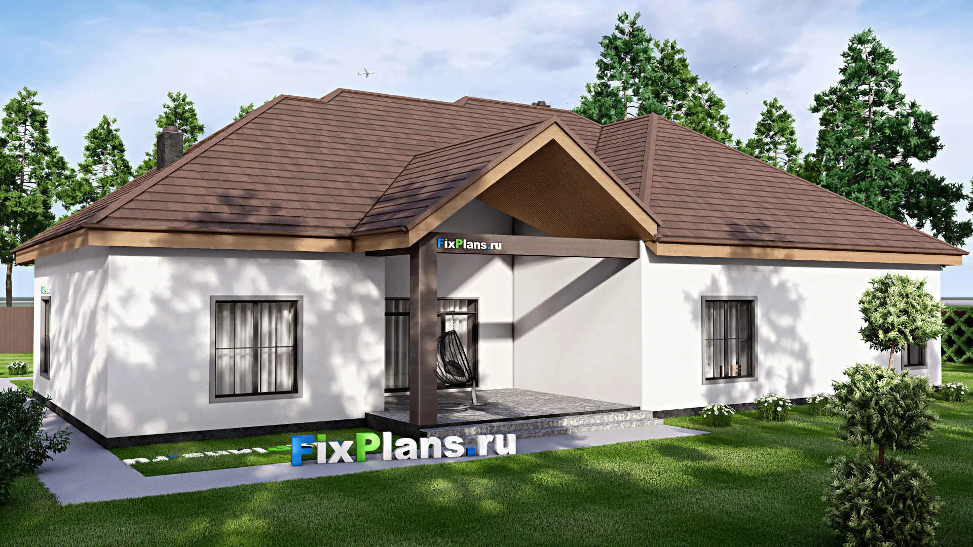 F-16901 - Проект одноэтажного дома 19 на 23, площадью 450 м² с террасой, гаражом на 2 машины и 4 спальнями