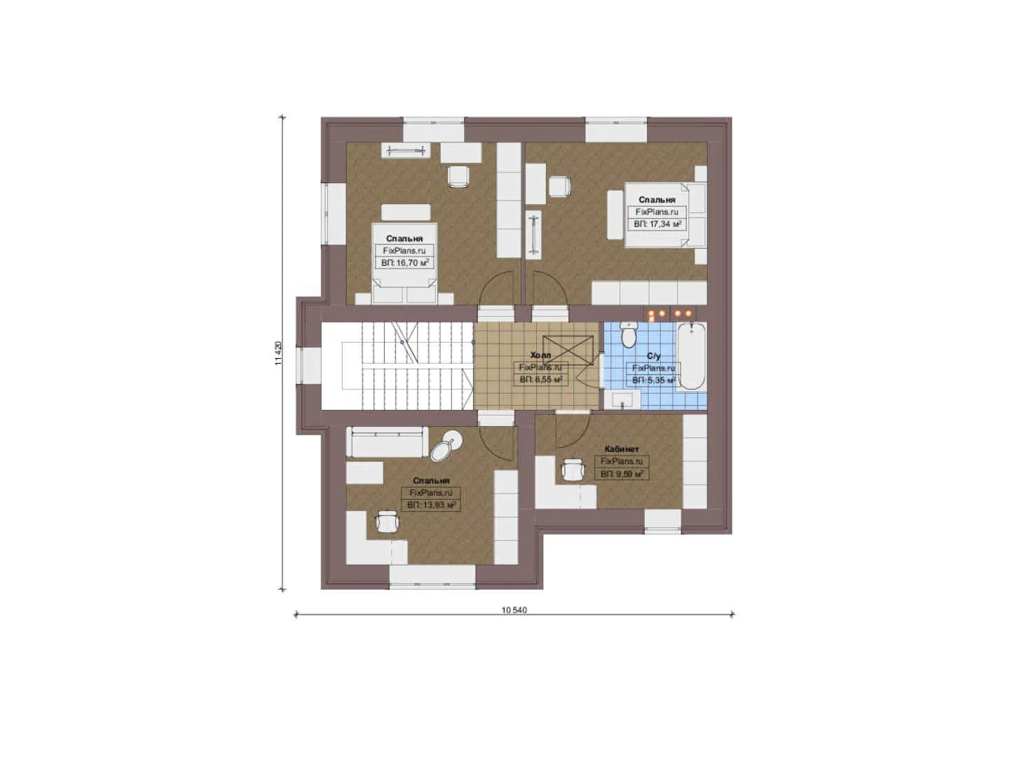 F-19088 - Планы двухэтажного дома 15 на 15, площадью 220 м² с террасой, гаражом на 1 машину и 4 спальнями
