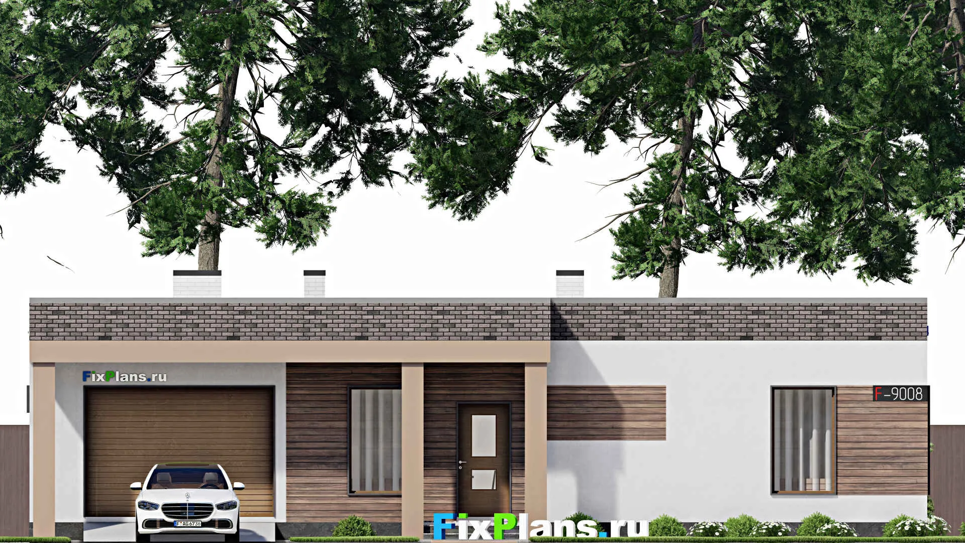 F-9008 - Проект одноэтажного дома 14 на 17, площадью 170 м² с баней, гаражом на 1 машину и 2 спальнями