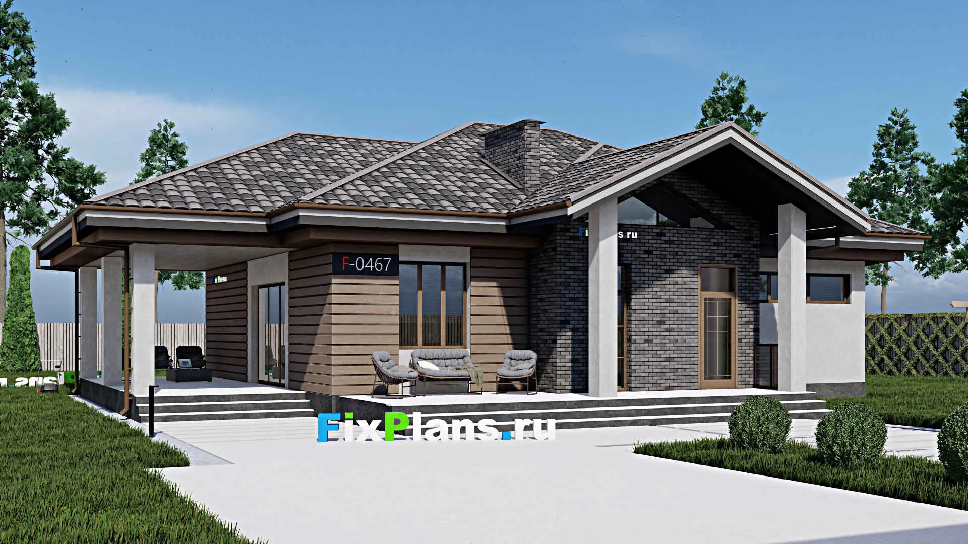F-0467 - Проект одноэтажного дома 14 на 14, площадью 190 м² с террасой и 5 спальнями