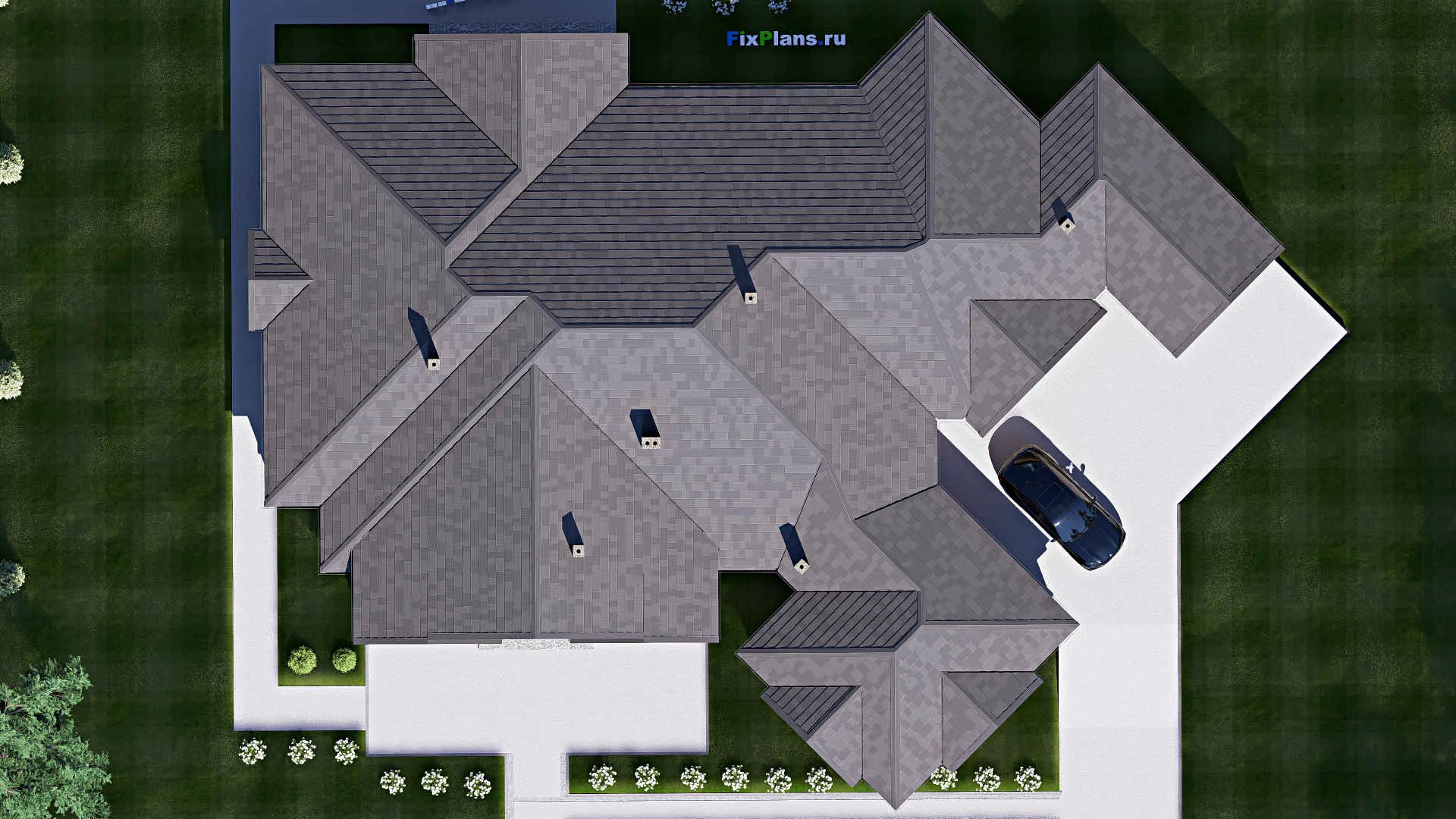 F-17216 - Проект одноэтажного дома 26 на 35, площадью 460 м² с террасой, гаражом на 2 машины и 3 спальнями