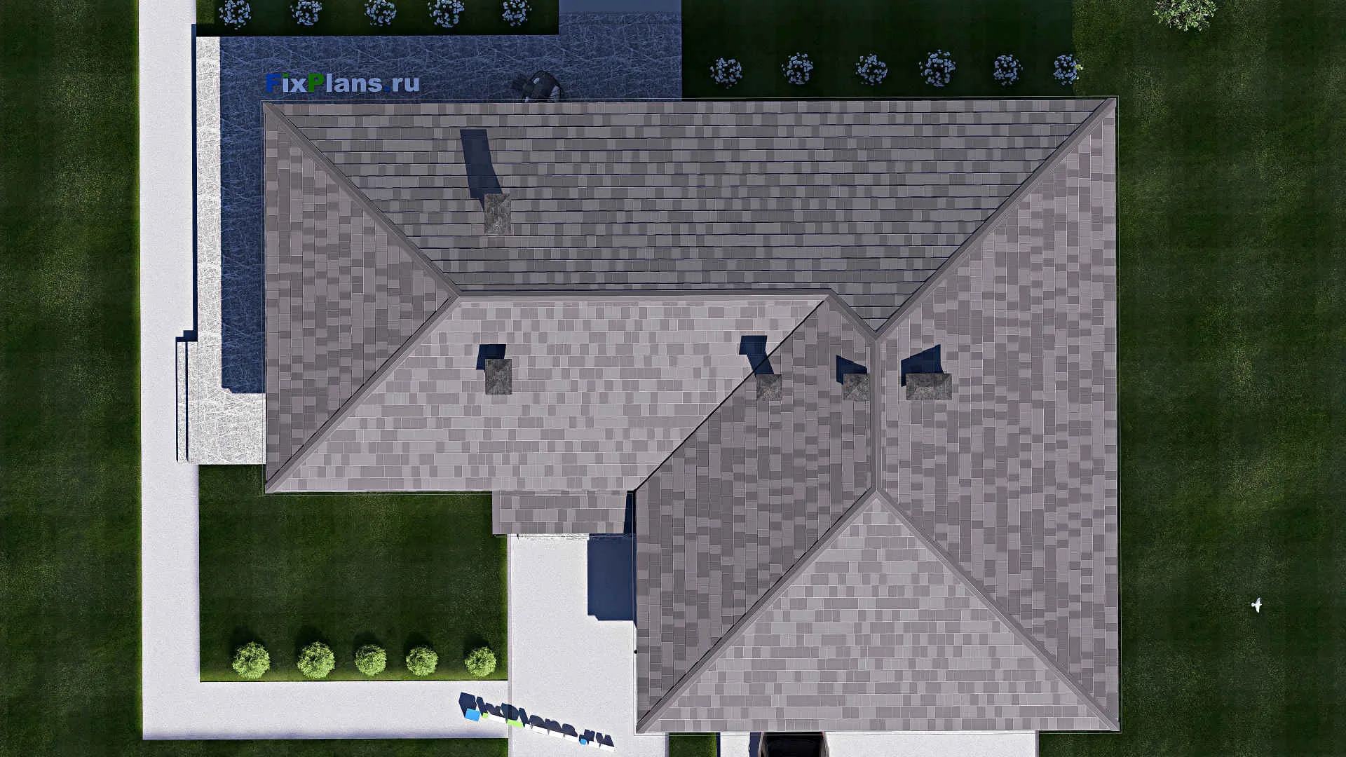 F-17549 - Проект одноэтажного дома 18 на 24, площадью 270 м² с террасой, баней, гаражом на 2 машины и 3 спальнями