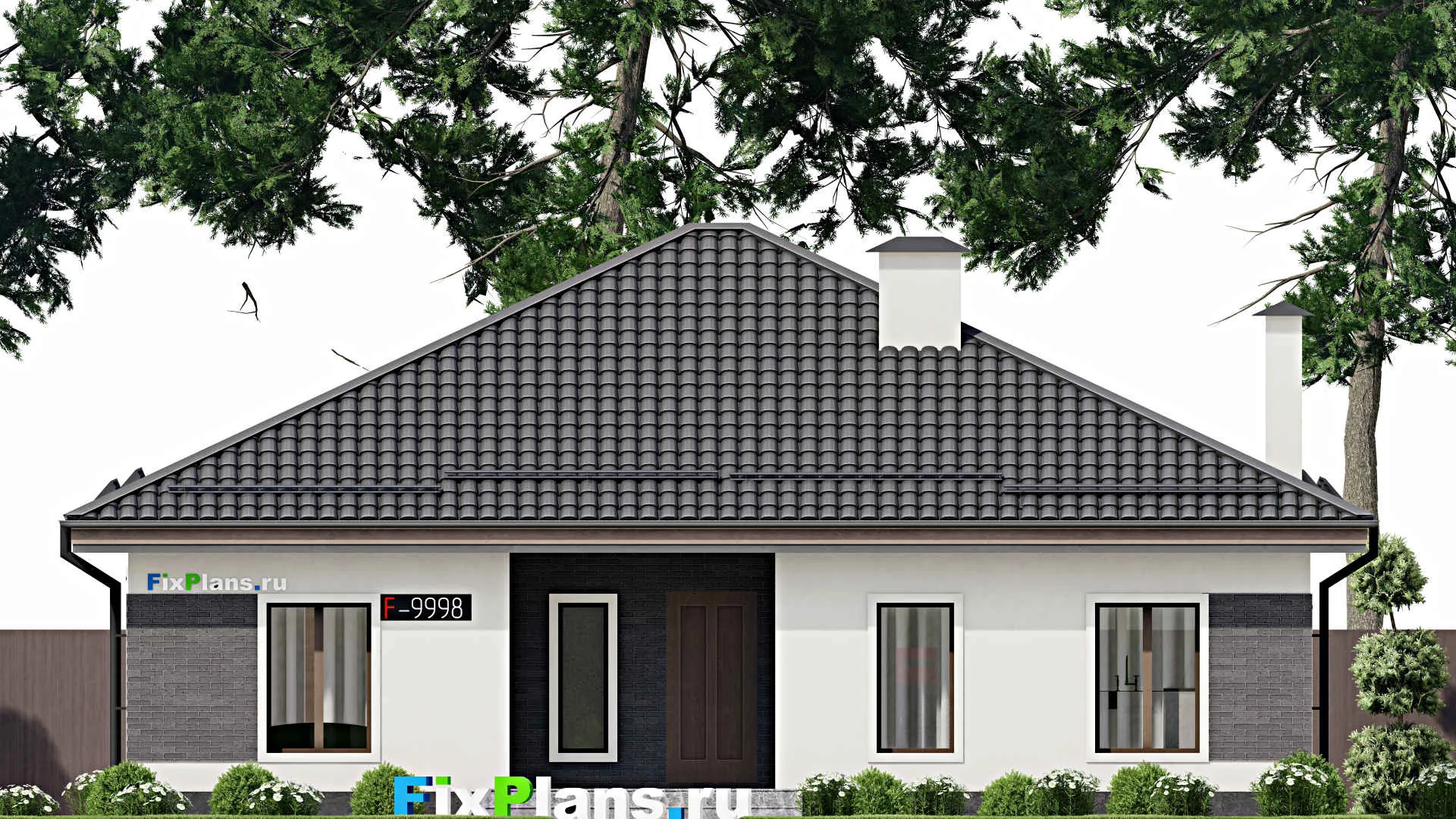 F-9998 - Проект одноэтажного дома 13 на 14, площадью 140 м² с террасой и 3 спальнями