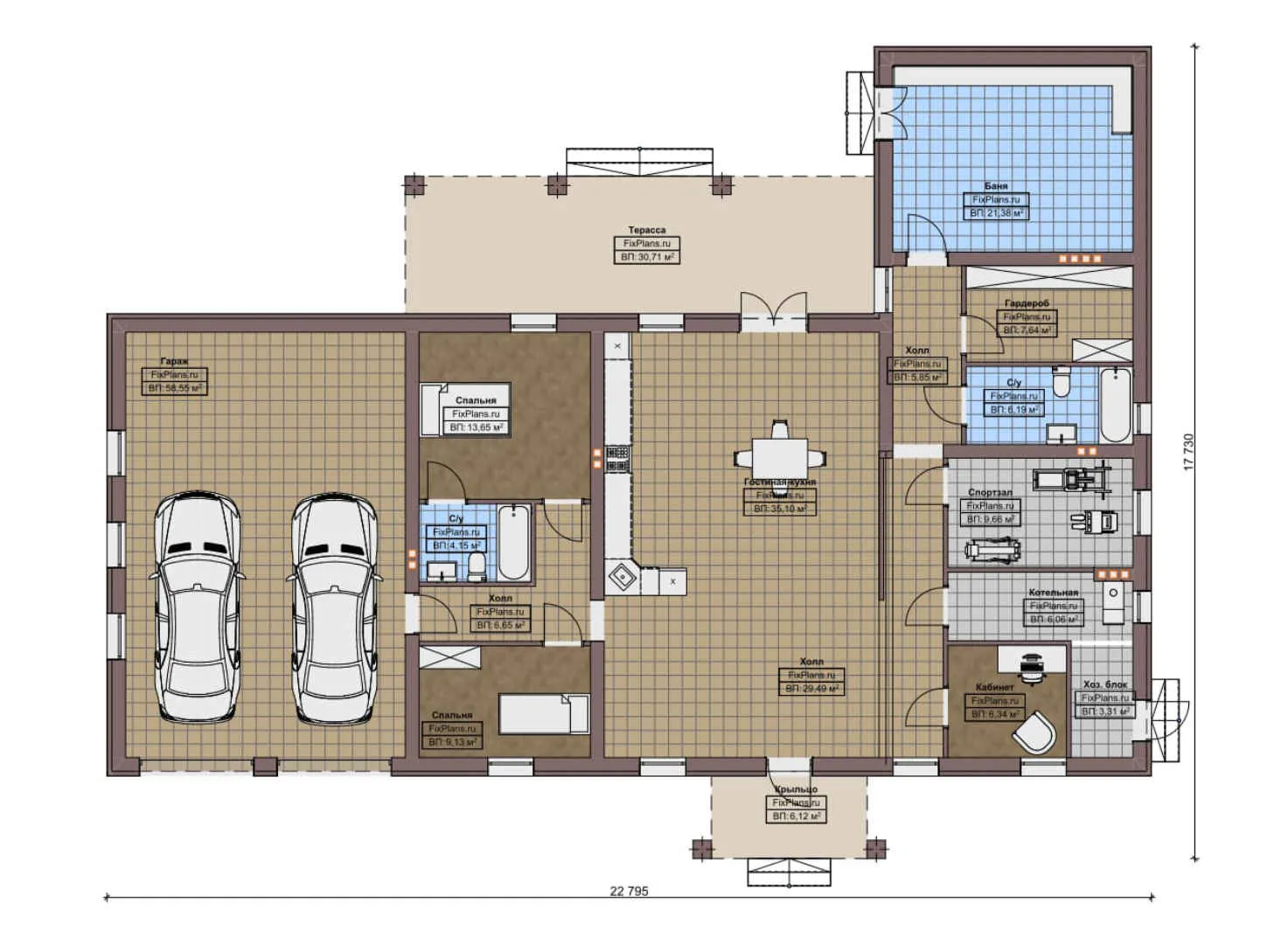 F-8945 - План одноэтажного дома 18 на 23, площадью 260 м² с террасой, баней, гаражом на 2 машины, спортзалом и 2 спальнями