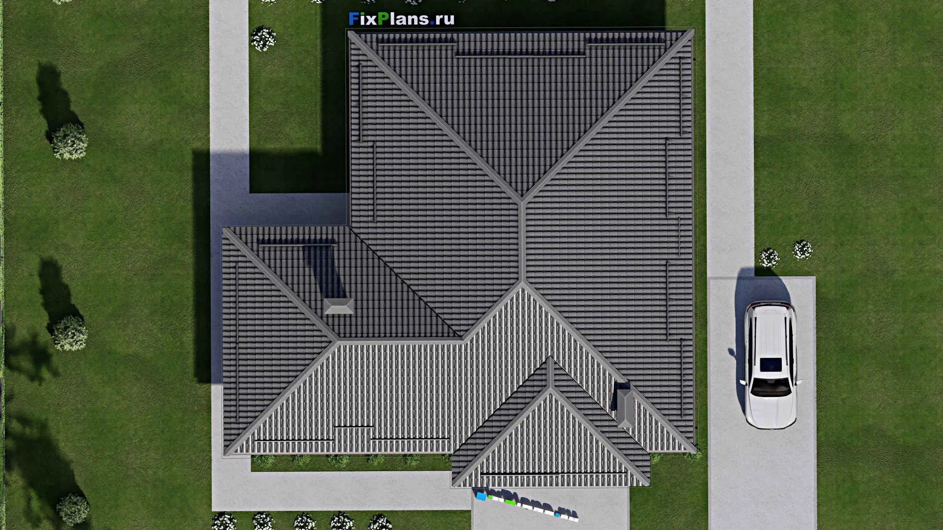 F-4607 - План одноэтажного дома 15 на 15, площадью 190 м² с террасой и 4 спальнями