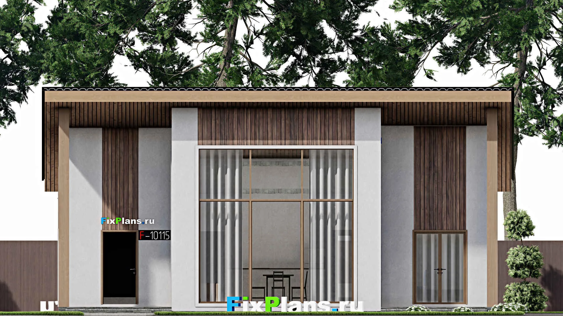 F-10115 - План одноэтажного дома 11 на 13, площадью 120 м² с террасой и 4 спальнями