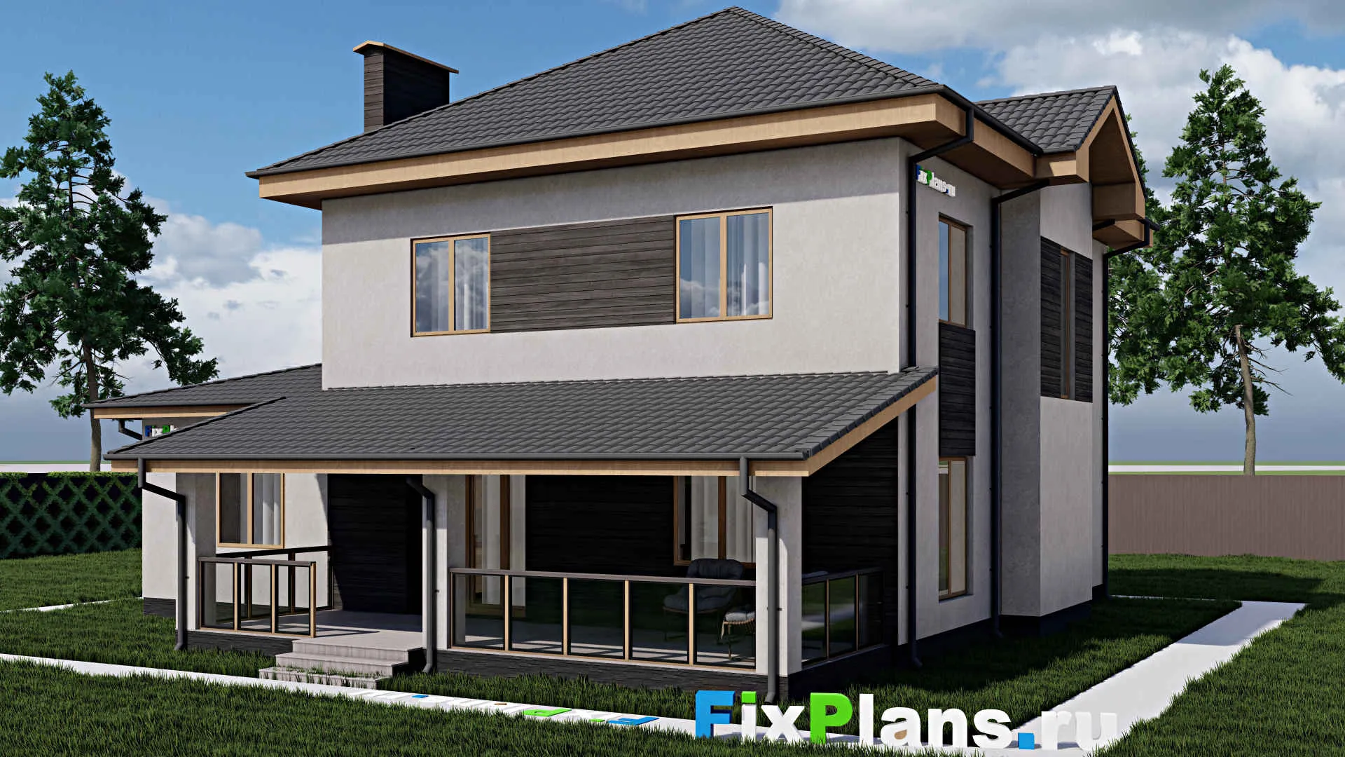 F-0278 - Проект двухэтажного дома 12 на 15, площадью 220 м² с террасой, гаражом на 1 машину и 3 спальнями