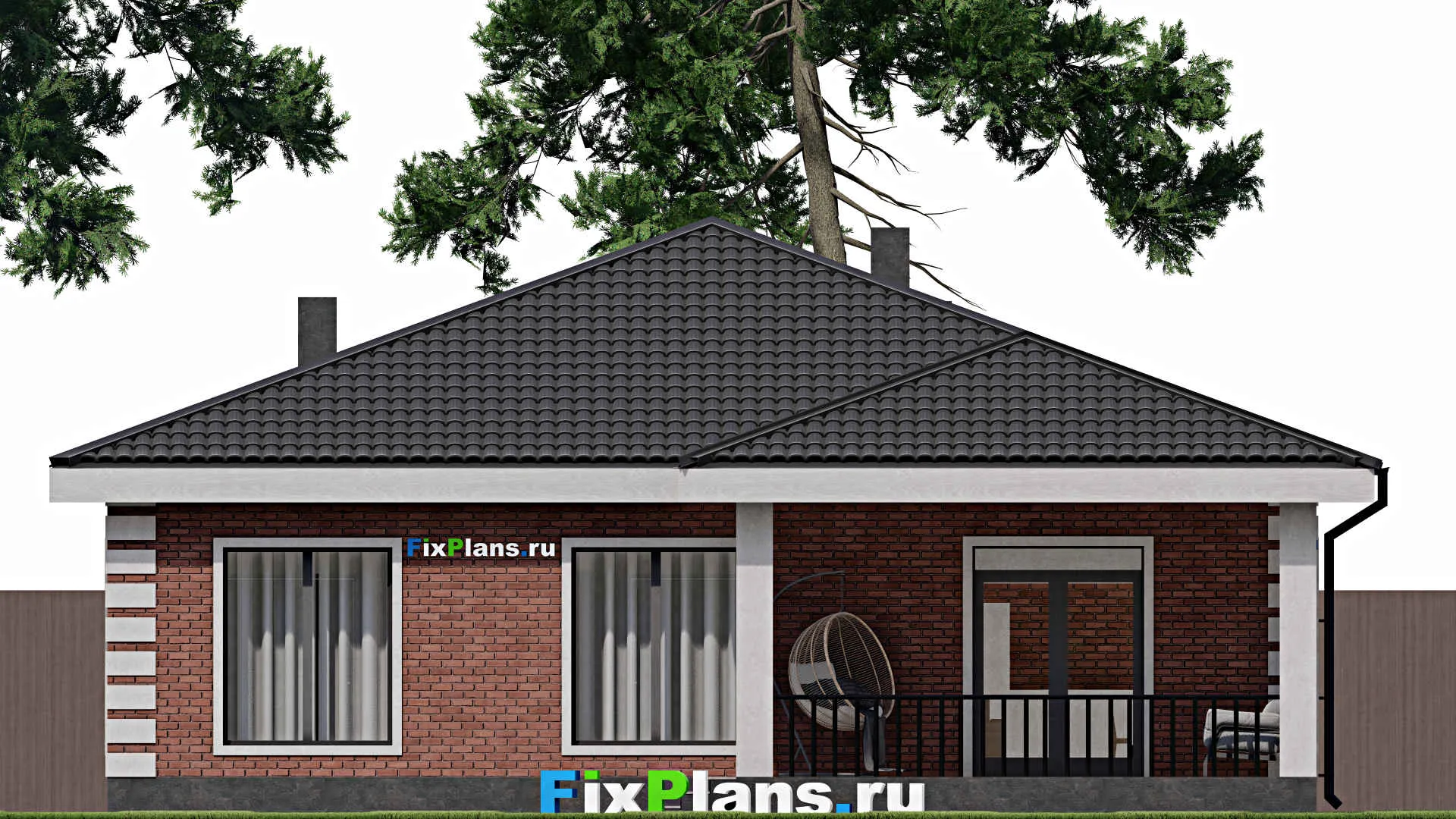 F-1718 - Проект одноэтажного дома 13 на 17, площадью 160 м² с террасой, гаражом на 1 машину и 2 спальнями