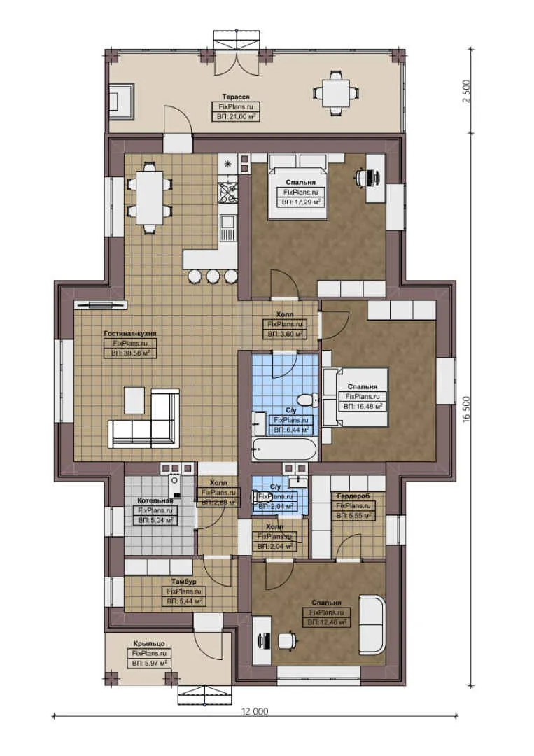 F-1700 - План одноэтажного дома 12 на 17, площадью 150 м² с террасой и 3 спальнями