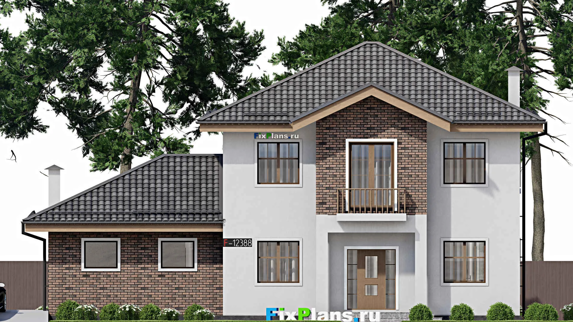 F-12338 - Проект двухэтажного дома 13 на 17, площадью 220 м² с террасой, балконом, гаражом на 2 машины и 3 спальнями