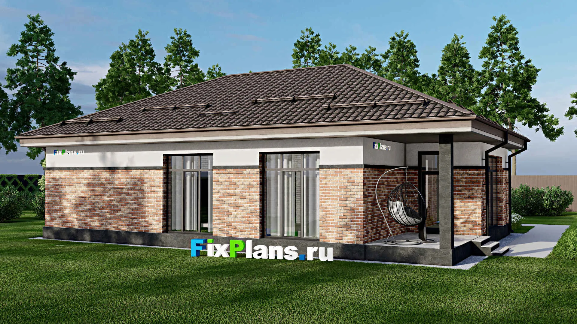 F-2105 - Проект одноэтажного дома 13 на 15, площадью 140 м² с террасой, гаражом на 2 машины и 2 спальнями