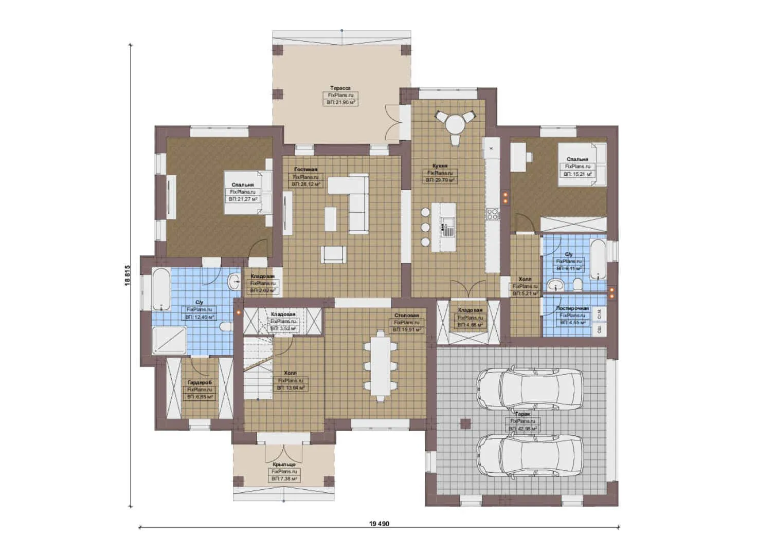 F-16928 - Планы дома с мансардой 19 на 20, площадью 340 м² с террасой, гаражом на 2 машины и 5 спальнями