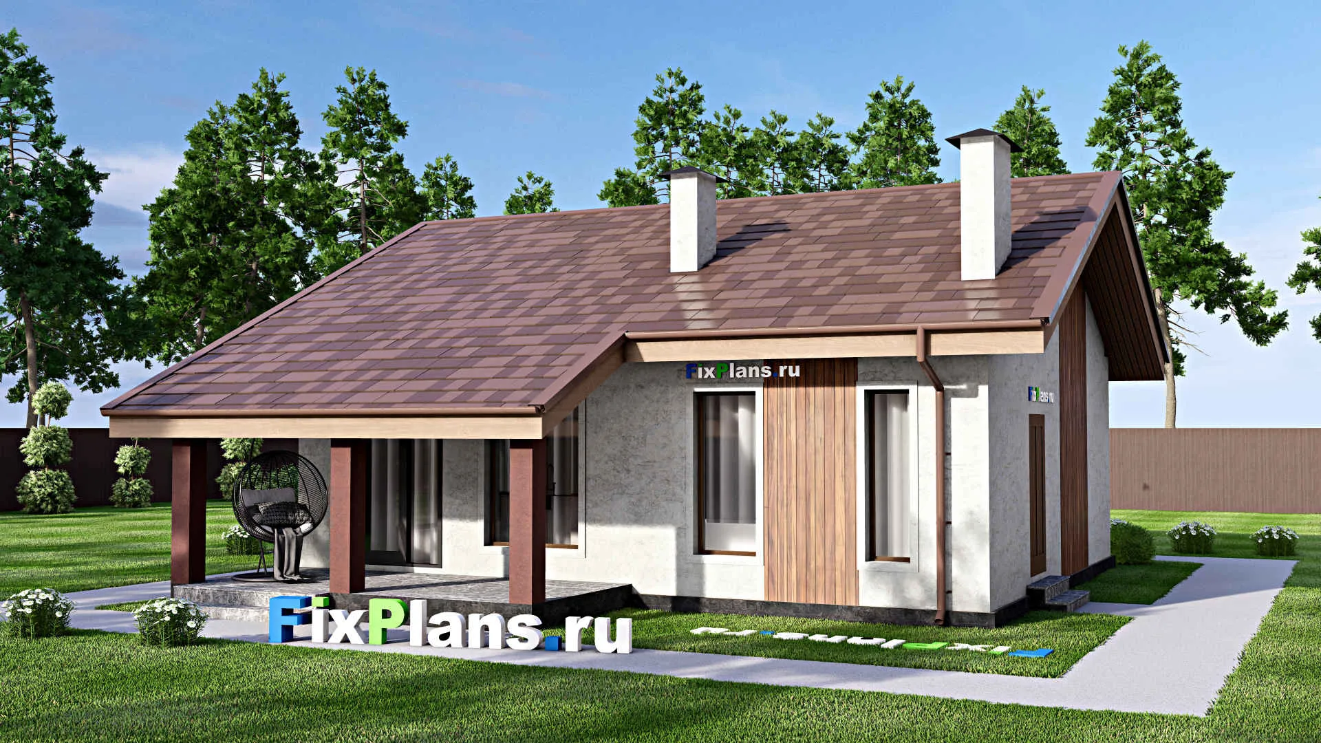 F-14138 - Проект одноэтажного дома 11 на 13, площадью 90 м² с террасой и 2 спальнями