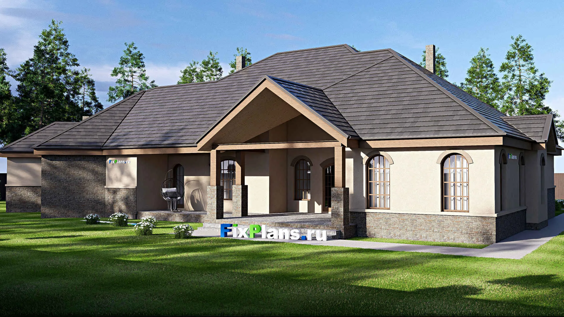 F-17216 - Проект одноэтажного дома 26 на 35, площадью 460 м² с террасой, гаражом на 2 машины и 3 спальнями