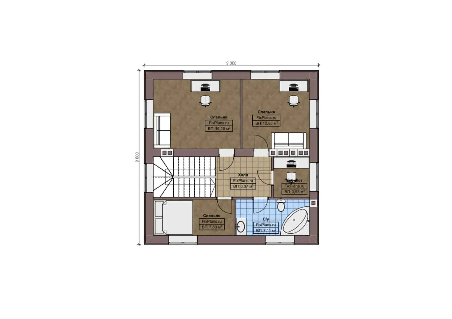 F-1583 - Планы двухэтажного дома 9 на 13, площадью 180 м² с террасой, гаражом на 1 машину и 4 спальнями