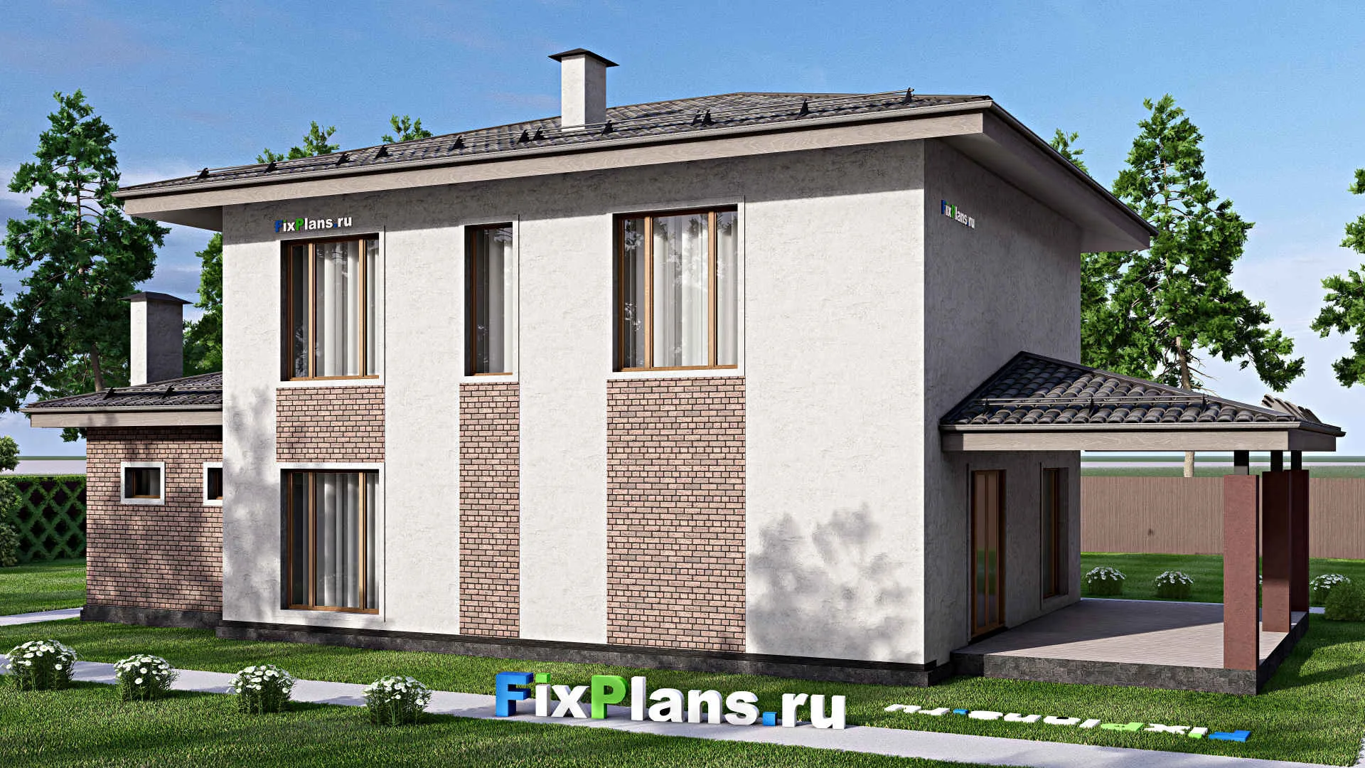 F-12671 - Проект двухэтажного дома 13 на 20, площадью 240 м² с террасой, гаражом на 1 машину и 4 спальнями