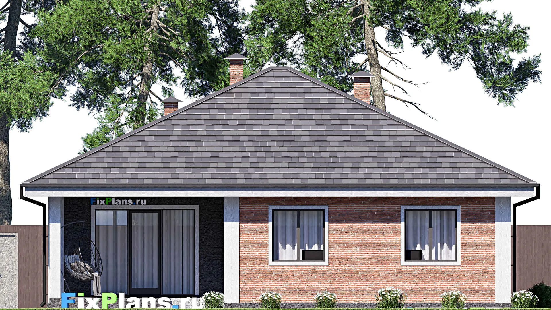 F-17891 - Проект одноэтажного дома 13 на 13, площадью 130 м² с террасой и 3 спальнями