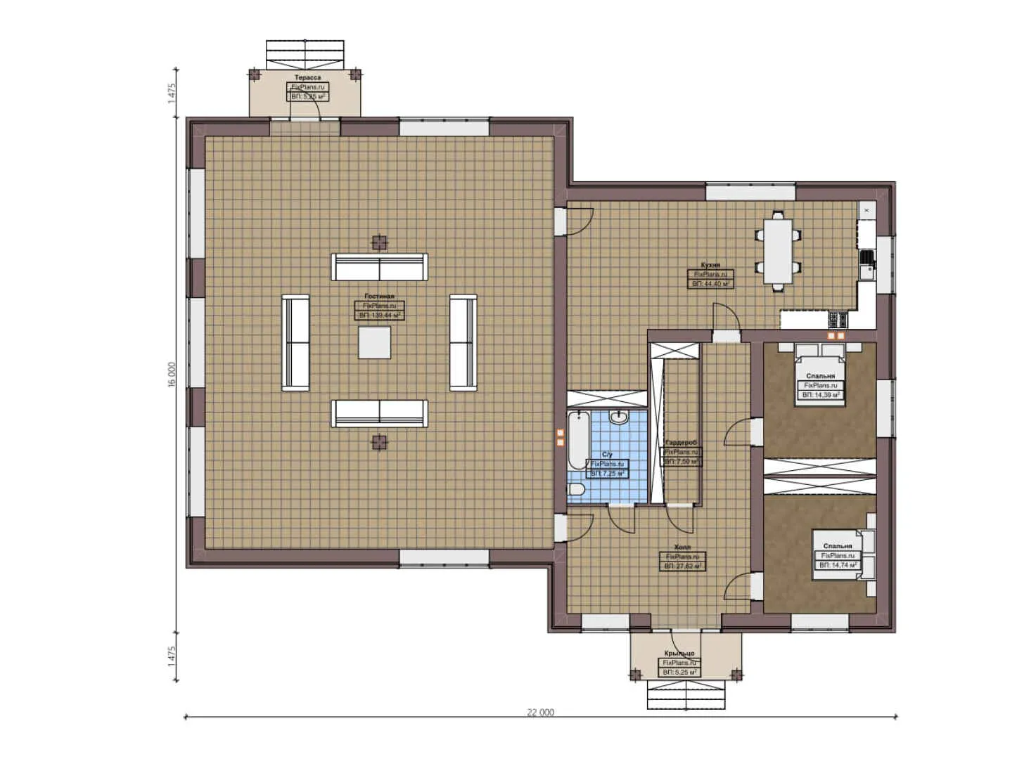 F-3689 - План одноэтажного дома 16 на 22, площадью 270 м² с террасой и 2 спальнями